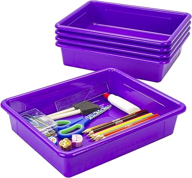 Storex Letter Size Flat Storage Tray Organizer Bin for Classroom, Office and Home, Violet, 5-Pack 62521U05C