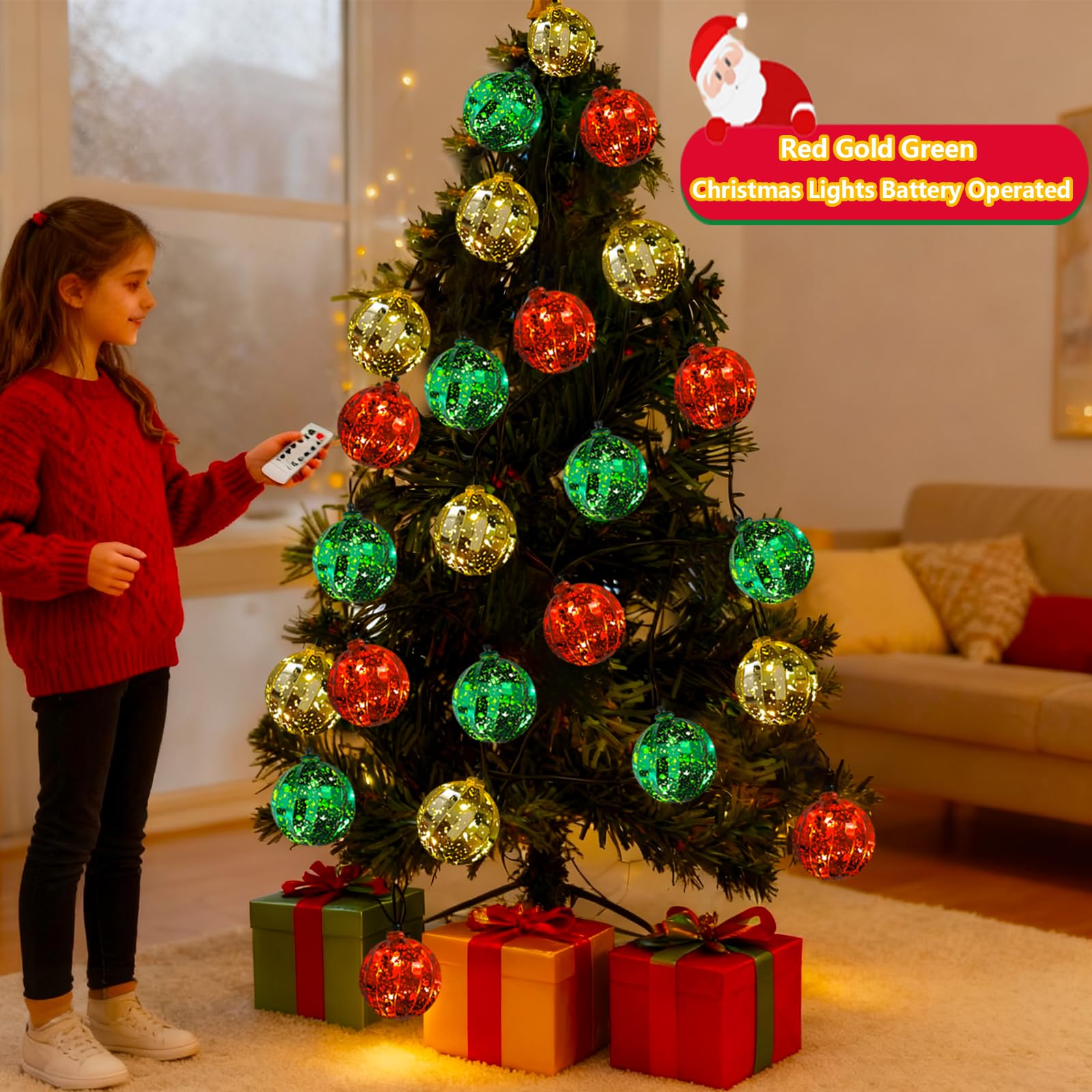 Guirlande lumineuse de Noël à piles, 7,7 m, 20 LED rouge, verte et dorée avec minuterie et 8 modes, étanche, pour arbre, chambre à coucher, fenêtre, porche, décoration