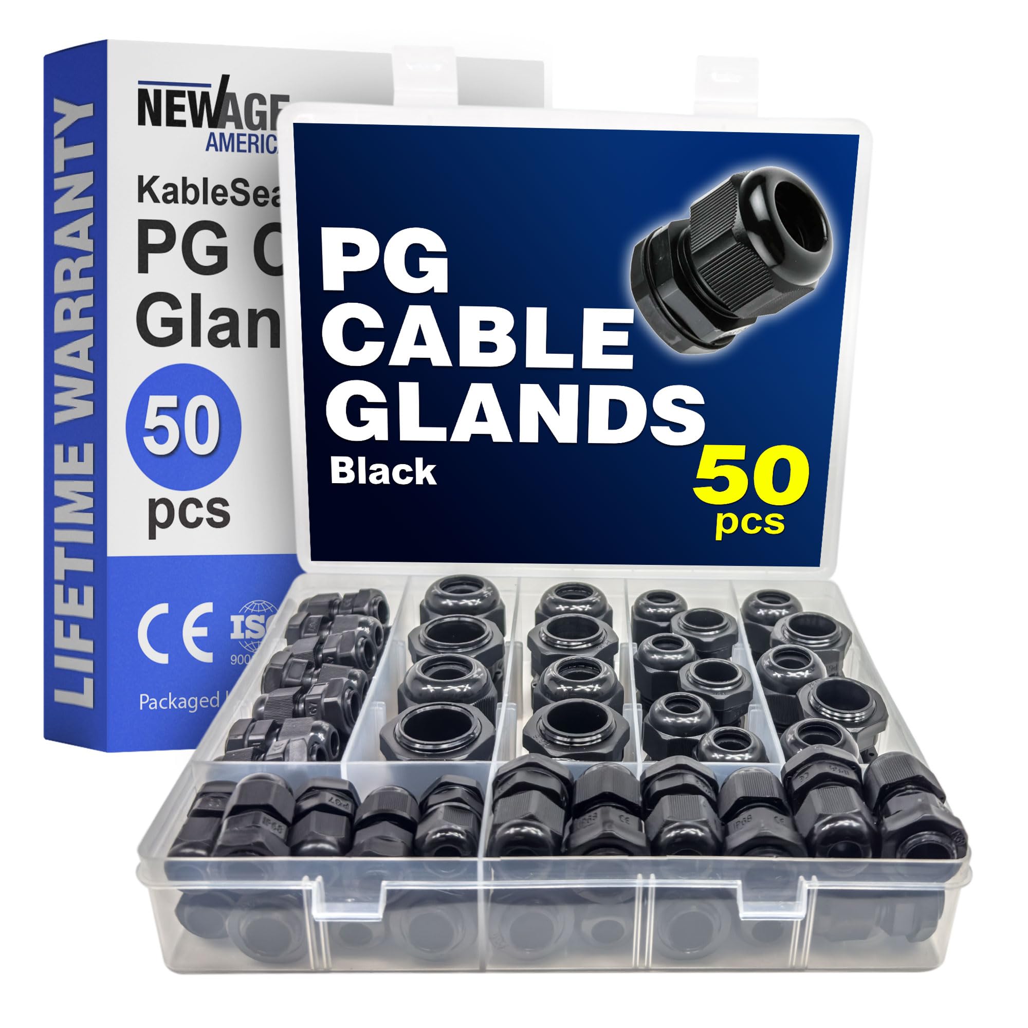 New Age America® Kit de 50 prensaestopas PG KableLock™ | Blanco | PG7 - PG19 | Alivio de tensión de agarre de cordón de nailon | Ajustable con junta | Clasificación IP68 impermeable | Tamaño grabado |