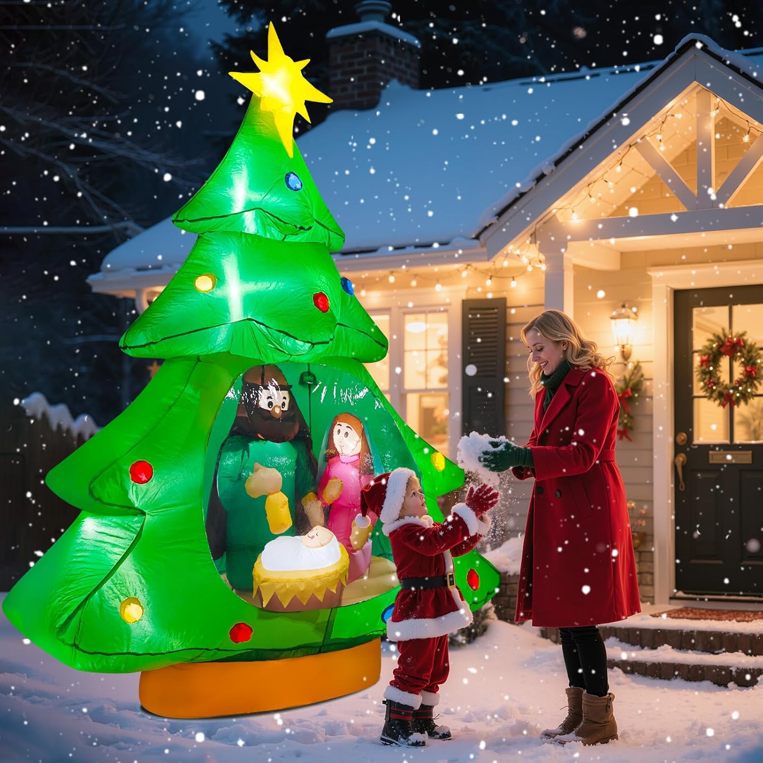 anroog 7ft Christmas Tree Inflatable Outdoor Decoration Inflatables Nativity Scene Jesus Blow Up Yard Decorations Built-in LED Lights Xmas Garden Lawn Outside Decor