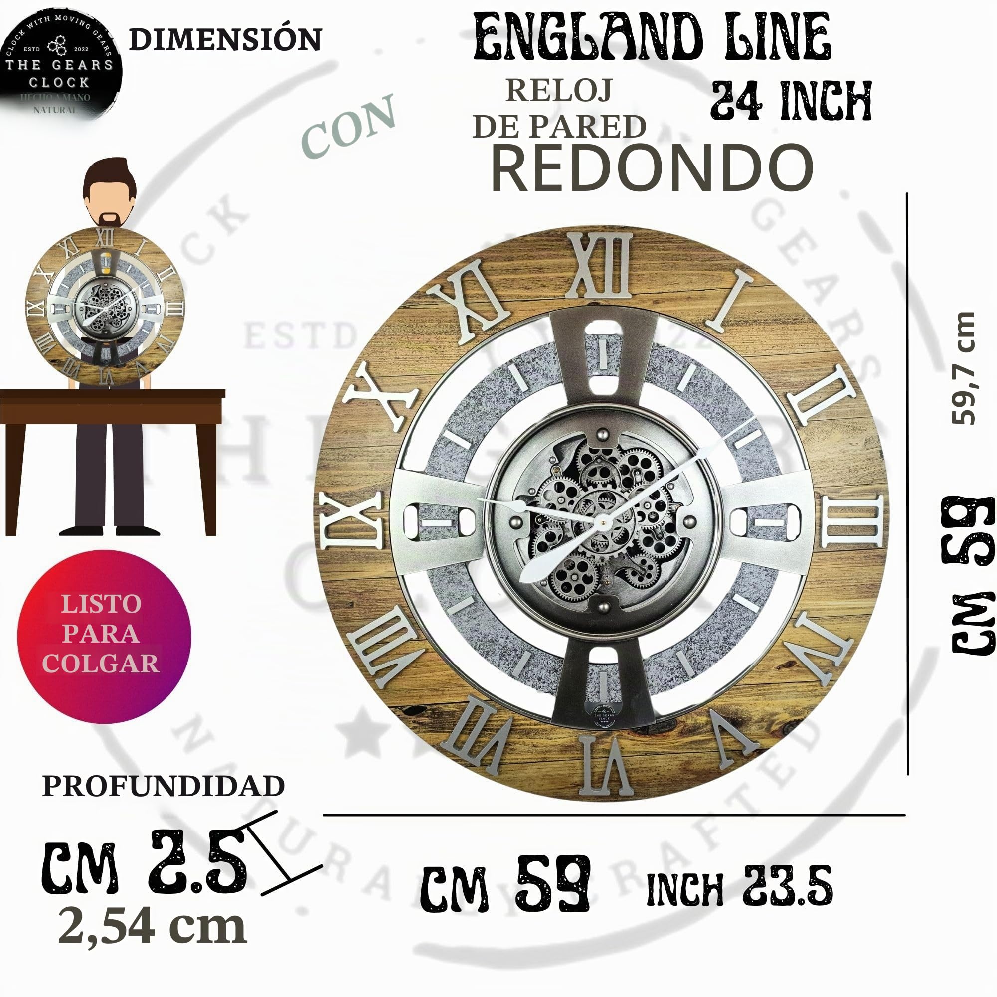 ImprovingLife El Reloj de Engranajes Reloj de pared con engranaje de movimiento real, línea de Inglaterra (Granja rústica blanca, 60 cm (24 pulgadas))