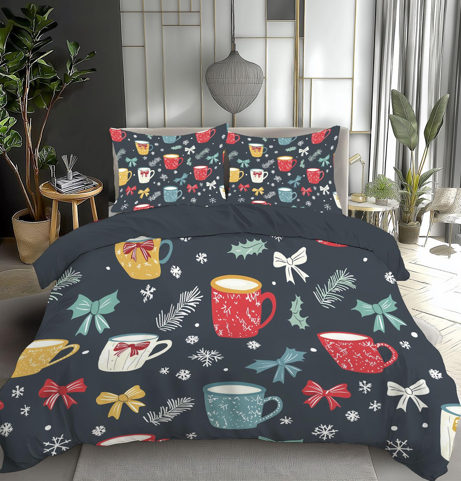 Parure de lit de Noël 200x200 avec fermeture éclair pratique gris foncé