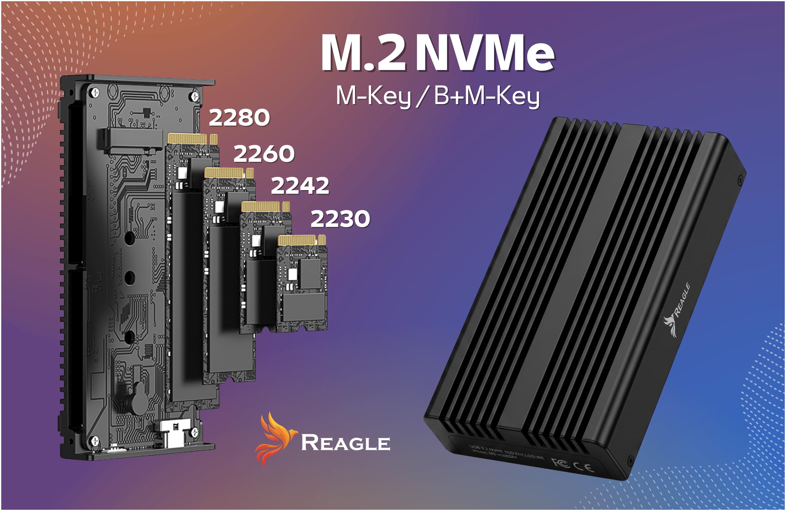 Reagle USB4 M.2 NVMe SSD Gehäuse 40 Gbit/s, kompatibel mit Thunderbolt 4/3, für PCIe M-Key/B+M-Key 2230–2280 bis 8 TB, ASM2464PD, Aluminium, USB-C, Schwarz