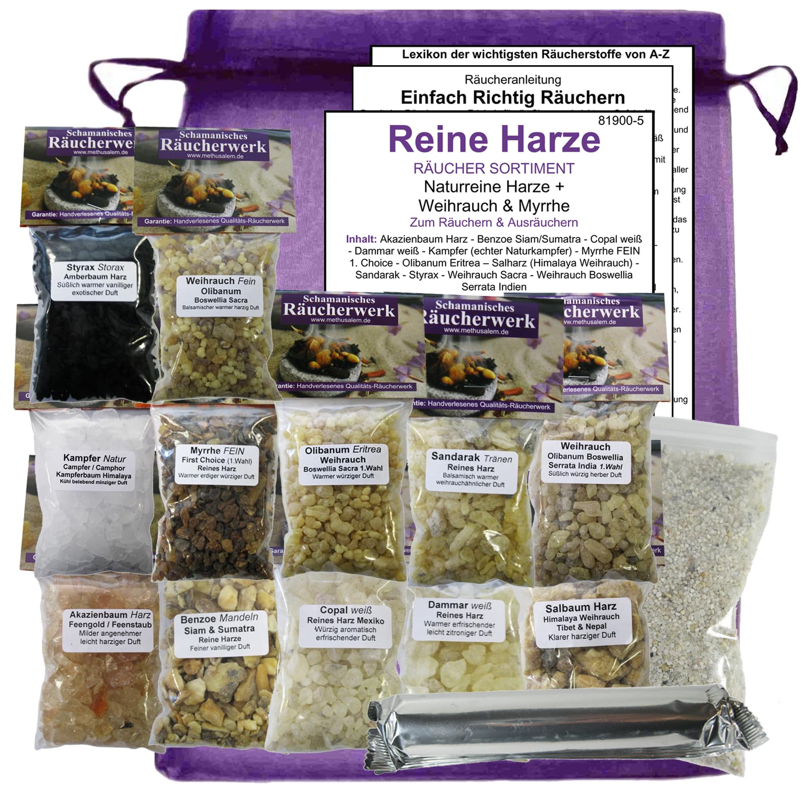 12 x Reine HARZE zum räuchern a 50ml (600ml) 16-TLG RÄUCHERSORTIMENT mit WEIHRAUCH, MYRRHE, Dammar, KOPALHARZ, Styrax, BENZOE, SAL UVM. Mit Kohle, Anleitung, 4 x ZUBEHÖR 81900-5