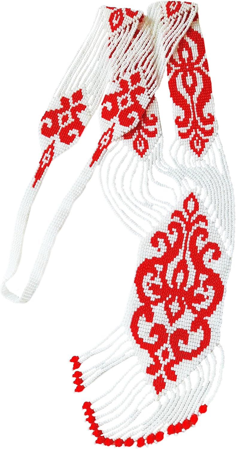 Ukrainian Gerdan Necklace Handmade White Necklace with Red Flowers Long Tassel Necklace Statement Jewelry Gift for Women Jewelry Boho Beaded Necklace Gift for Mother