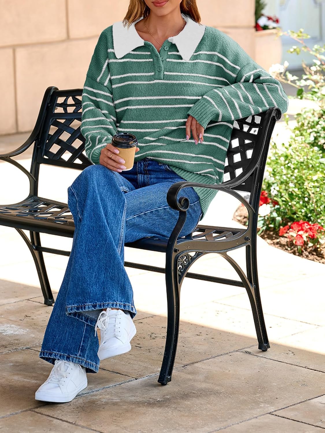 Saodimallsu Womens Striped Sweaters Button Collared Polo Shirts Oversized Long Sleeve Chunky Knit Trendy Pullover Tops - Image 4