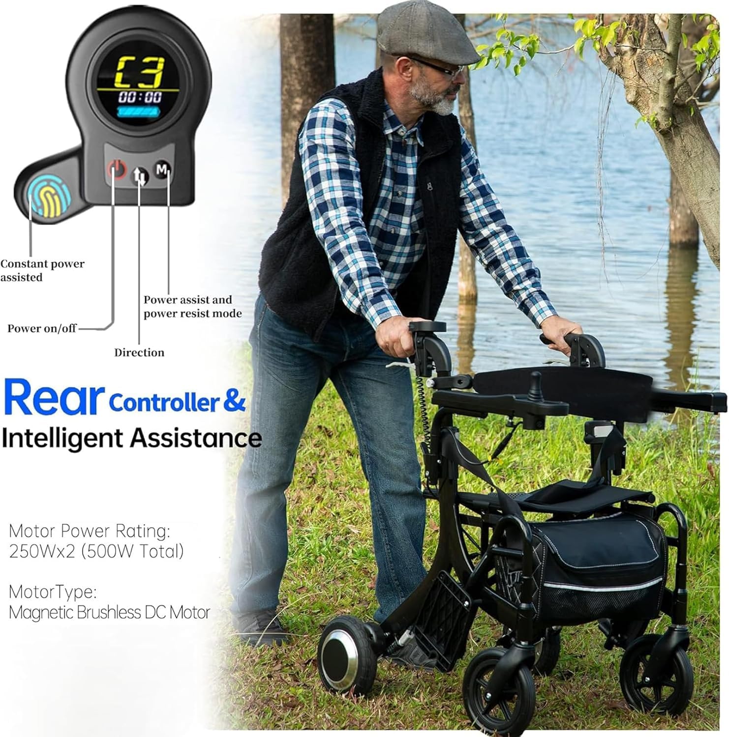 Andador con Ruedas 5 en 1 para Personas Mayores, Andador con Ruedas eléctrico Plegable, Carrito con Asiento, Andador médico portátil, Silla de Ruedas eléctrica, Ayuda para Caminar con Ruedas
