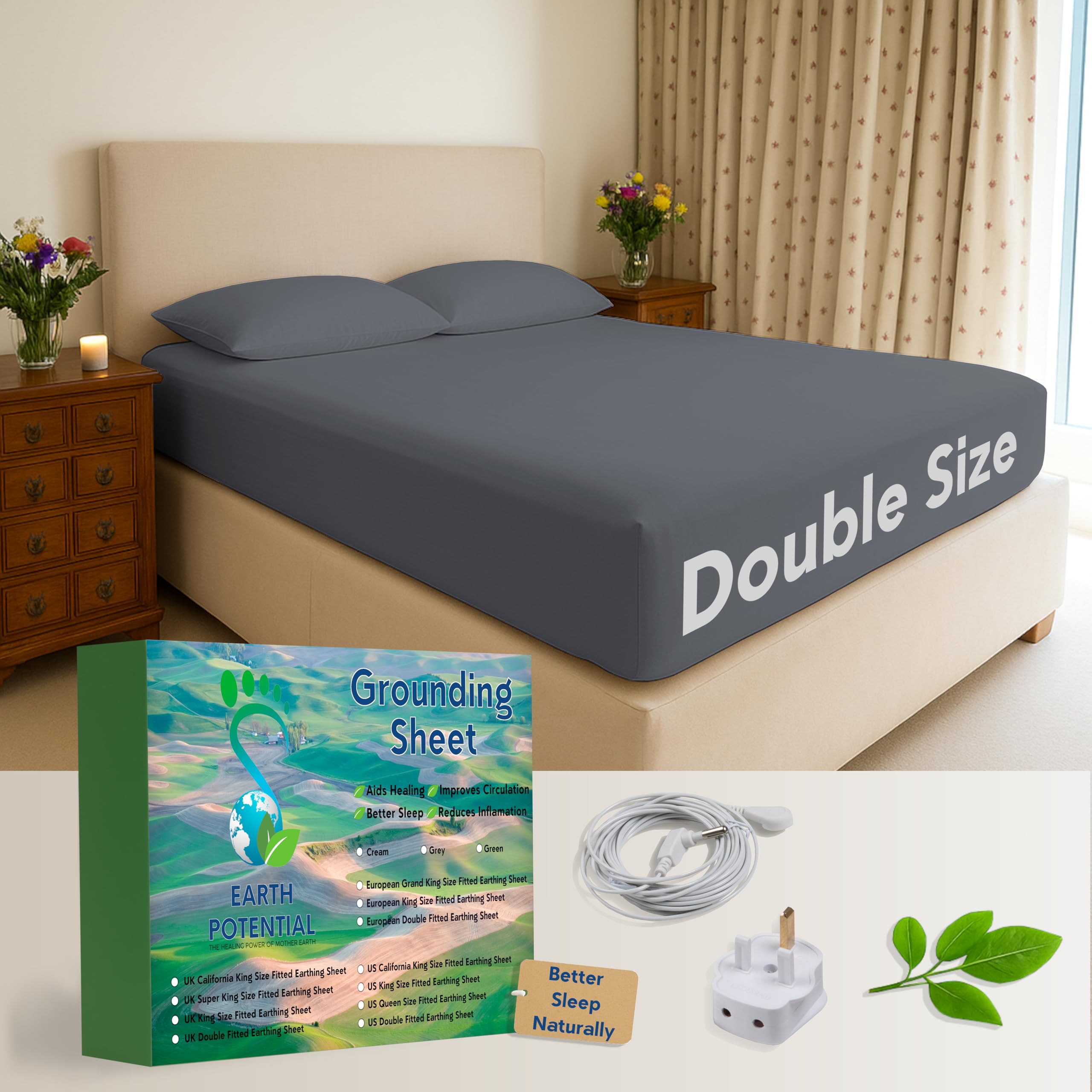 Earthing Grounding Fitted Double Sheet in Grey – 95% Cotton and 5% Soft Silver Conductive Thread for Healing and Better Sleep - supplied with a 5m earth cable and UK double outlet grounding plug