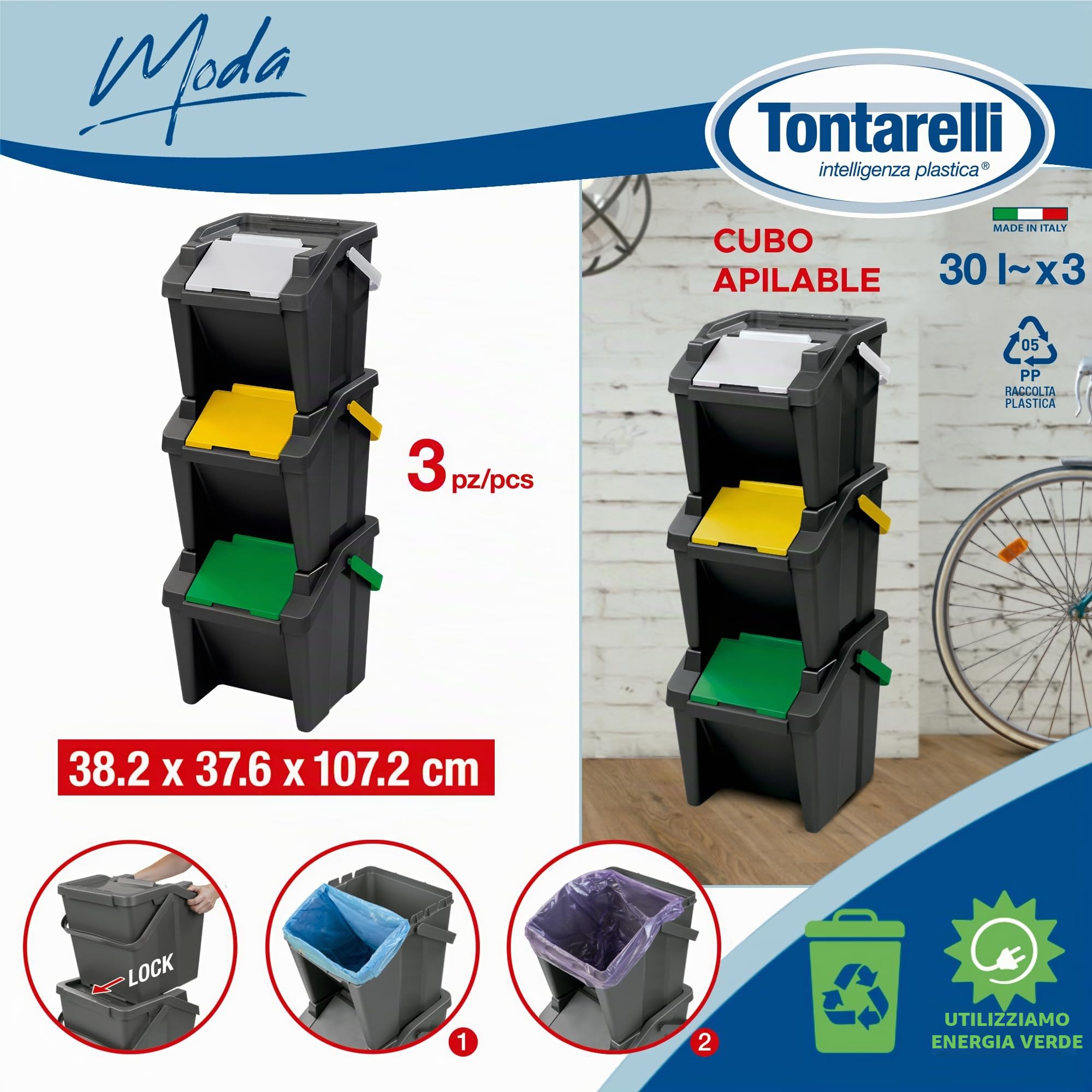 Tontarelli - Set di 3 pattumiere impilabili MODA 30L con maniglia