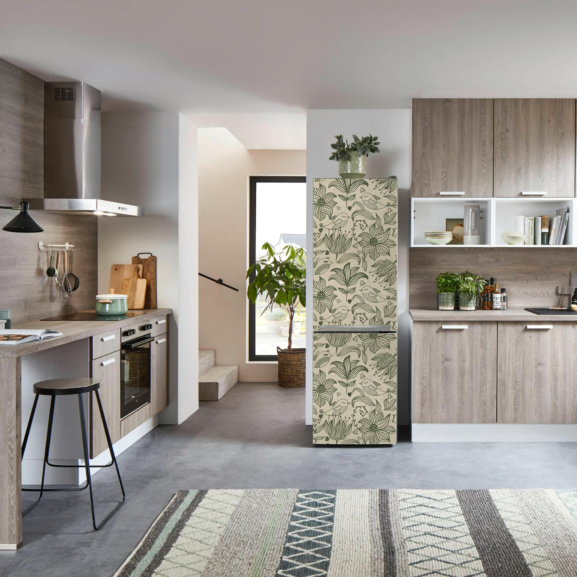 Tapeta samoprzylepna folia meblowa kwiaty ptaki wzór kwiatowy vintage | Tapeta z kwiatowym motywem ptaków w stylu vintage nowoczesny design motyw natury beżowo-zielony skandynawski do salonu