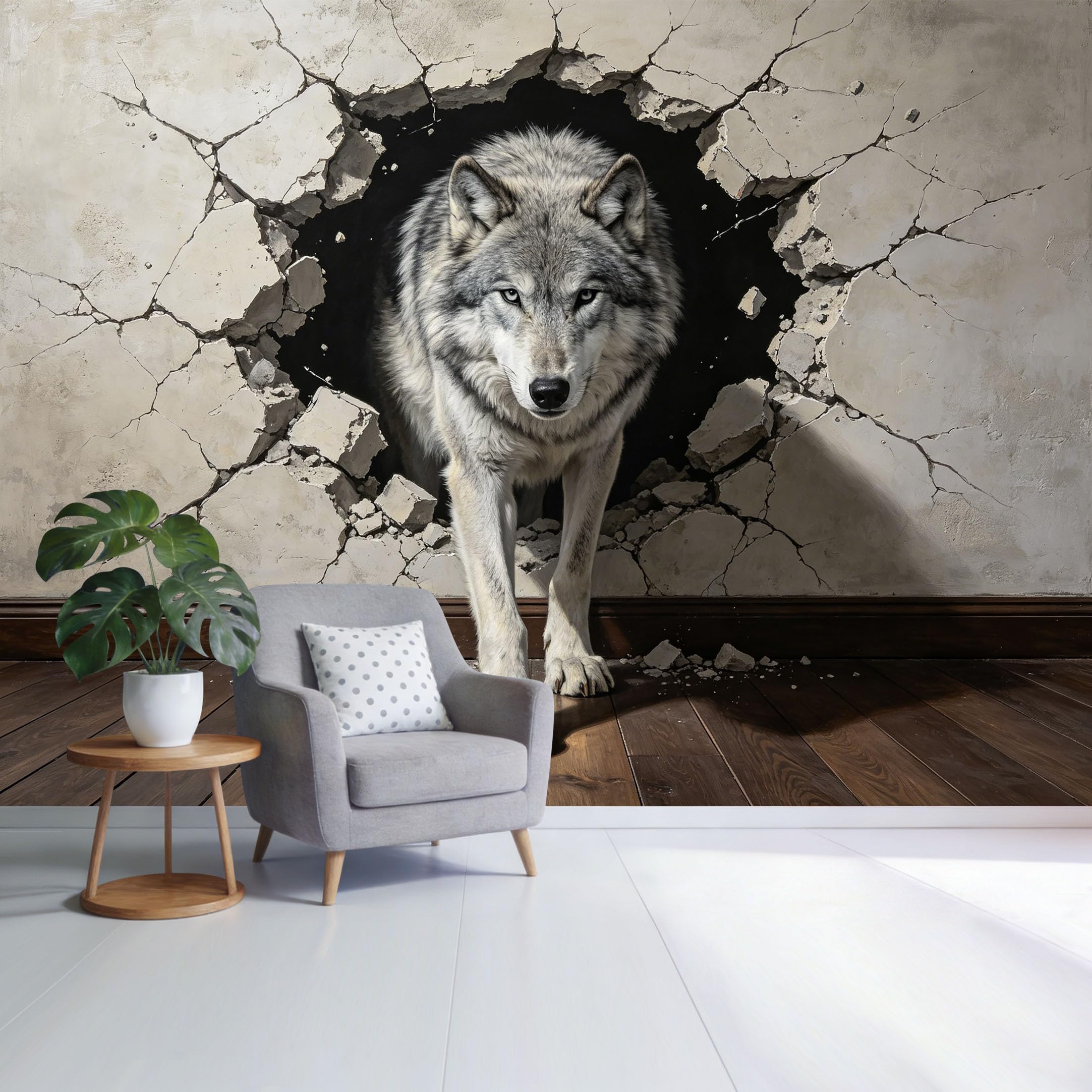 Custom Size Wall Mural Gray Wolf Breaking Through Cracked Wall 3D Trompe L'Oeil Removable Self Adhesive Fabric， Home Wall Decor for Living Room Bedroom Bathroom