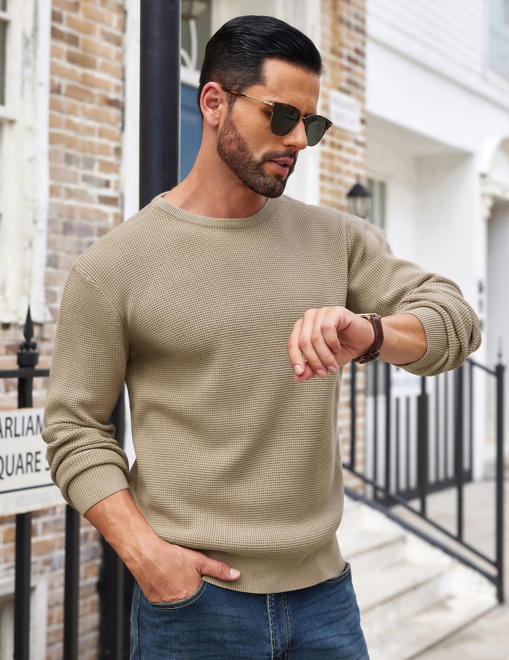 COOFANDY Maglione da Uomo a Girocollo Maglione Waffle Lavorato a Maglia Leggero Slim Fit Lunga Casual Pullover Maglione