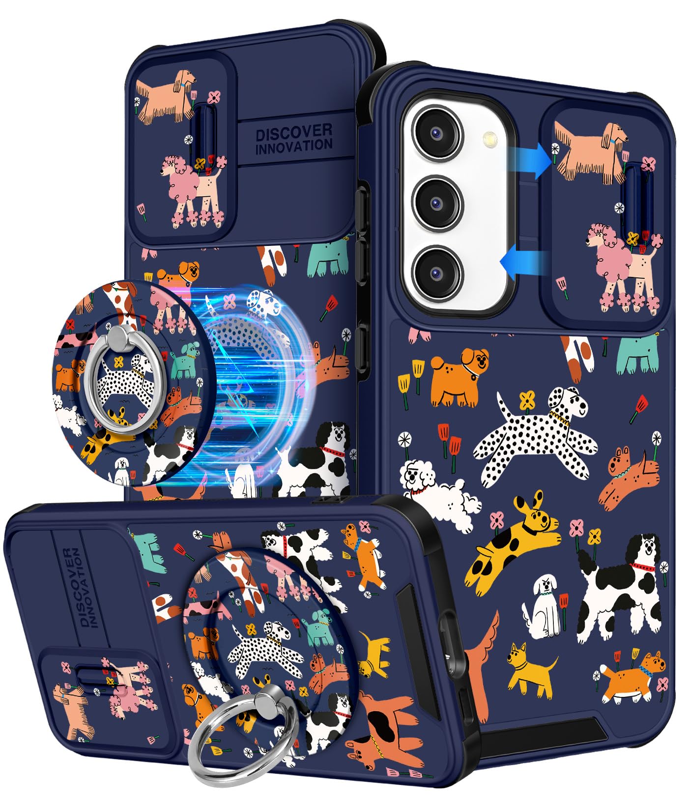 Buleens for Samsung Galaxy S23 Case 6.1 Inch - with Ring Stand & Camera Cover Aesthetic Cute Designed for Women Girls Cartoon Kawaii Dogs for Samsung S23 Case Compatible with Magsafe