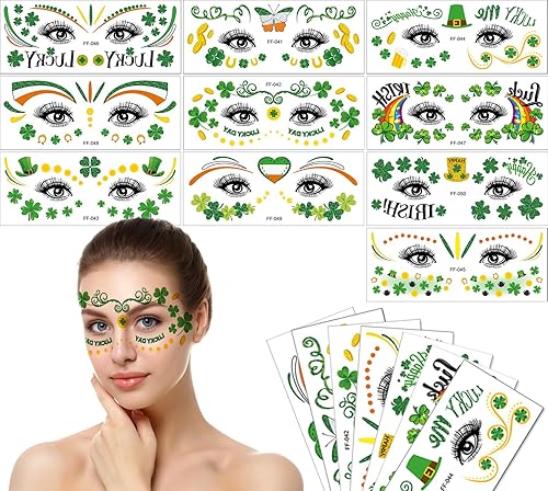 10 calcomanías de tatuajes faciales del día de San Patricio para mujeres y hombres, decoración temporal de trébol con purpurina verde para el día de