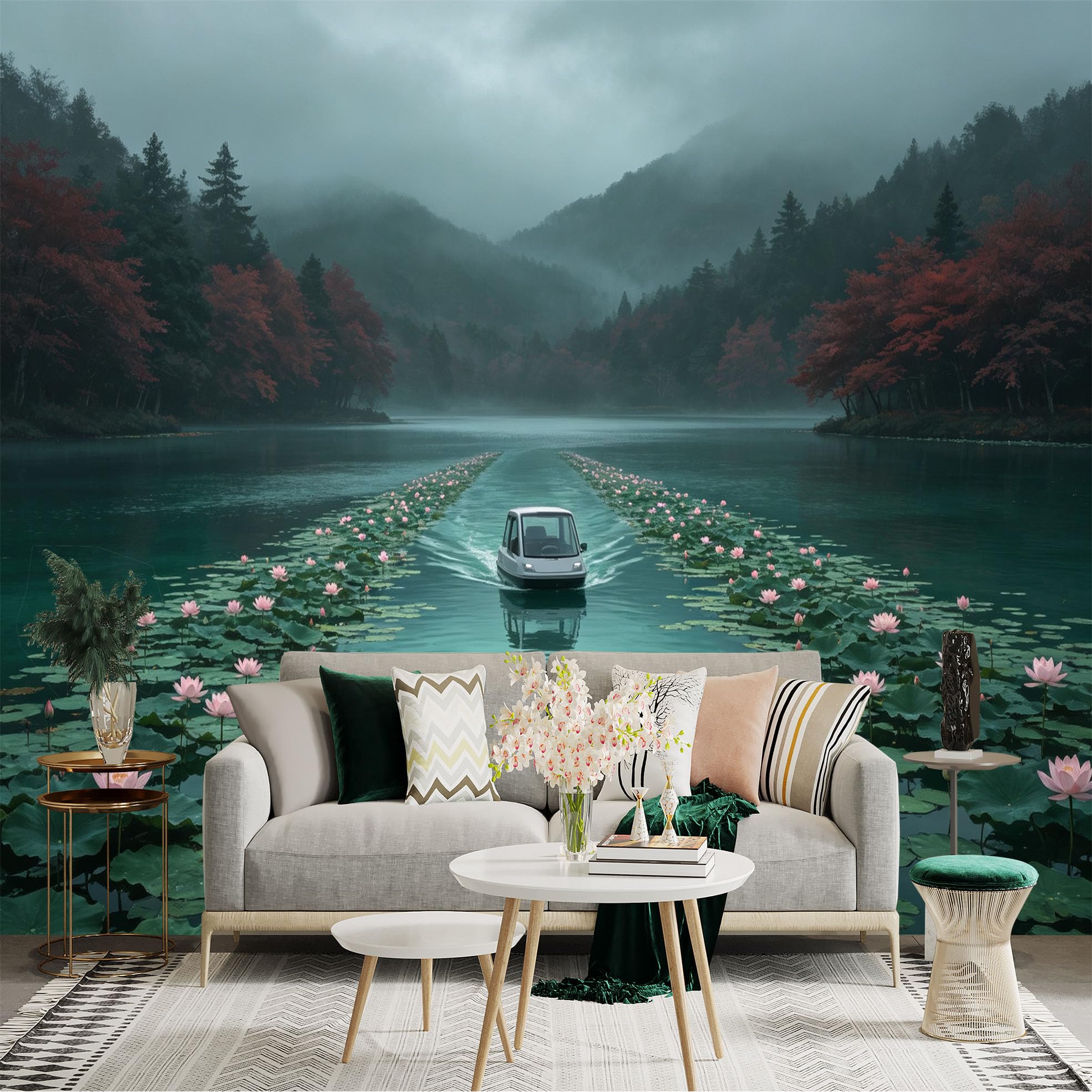 Custom Size Wall Sticker Mural， Scenic Lake with Pink Lotus Flowers， Misty Mountains and Tiny Boat， for wall Decoration， peelandstick wall Decals.