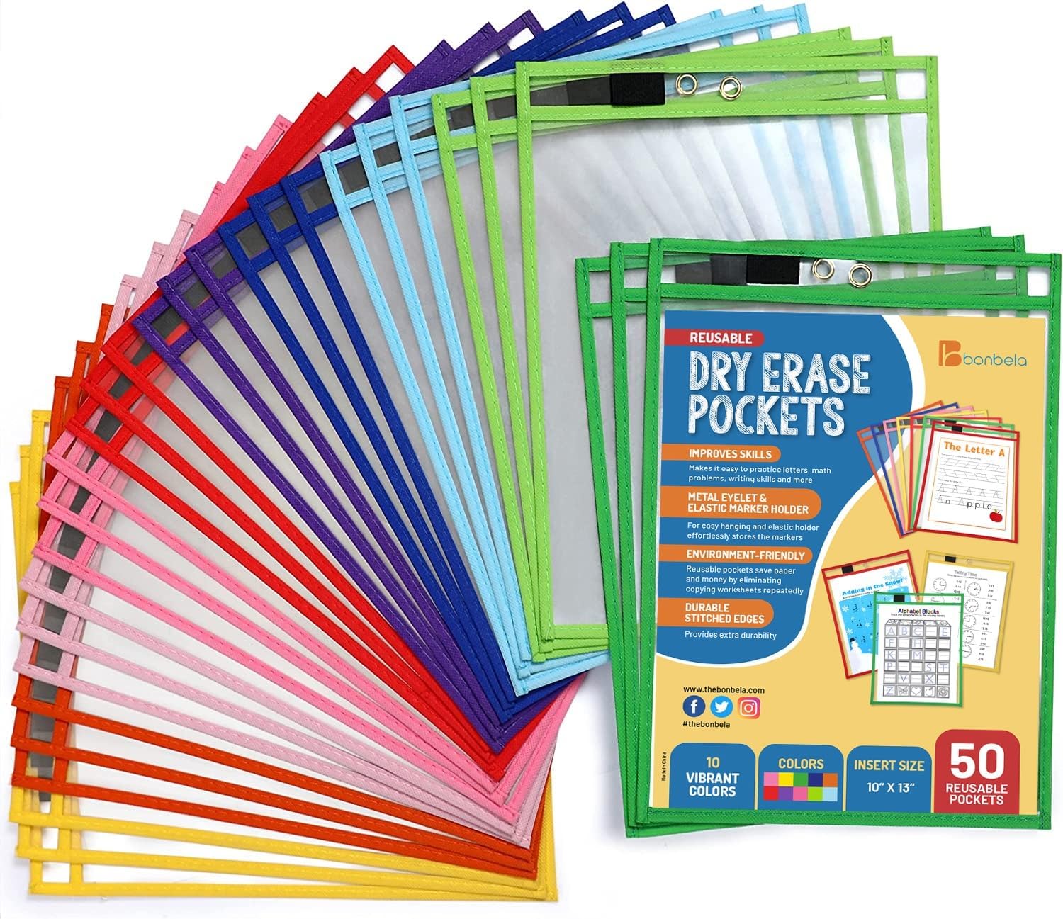 BONBELA Dry Erase Pockets 50 Pack 10 x 13 Reusable Dry