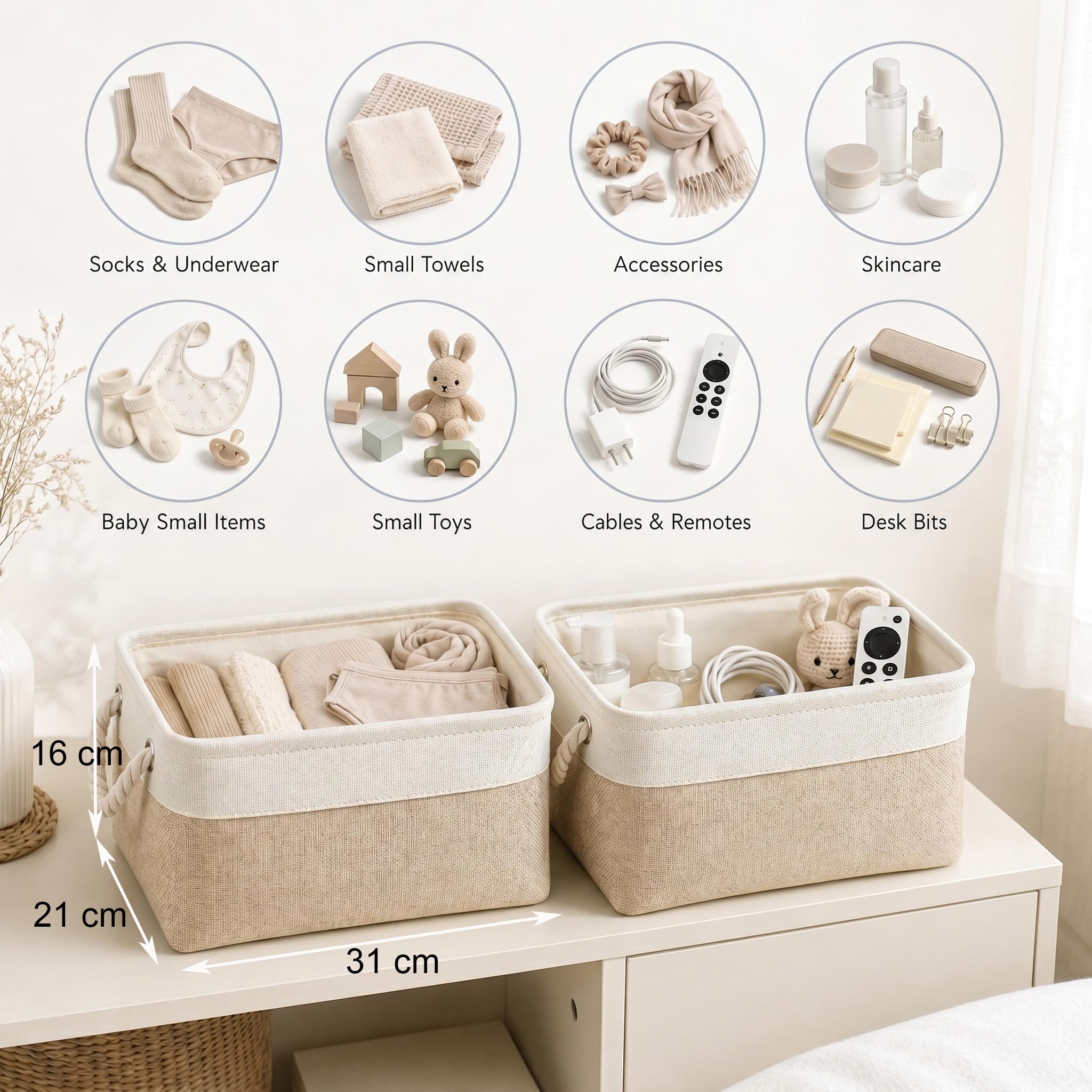 Mangata Caja de Almacenamiento Ropa, cestas de almacenaje Tela, Plegable Cajas organizadoras para Juguetes, armarios (Pequeña, Caqui Blanco)