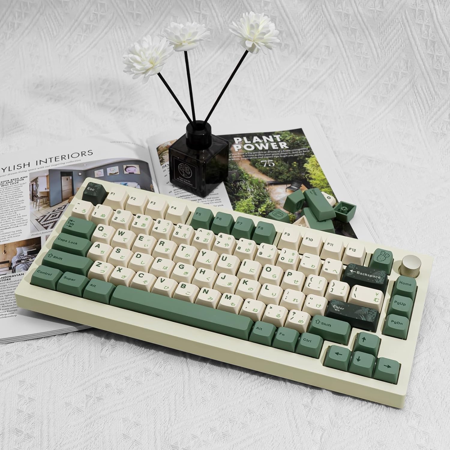 130 Keys MDA Profile Keycaps Set, Green Japanese PBT Keycaps, Dye-Sub Custom Retro Keycap ANSI/ISO Layout for Cherry MX Mechanical Keyboard (Botanical Theme)