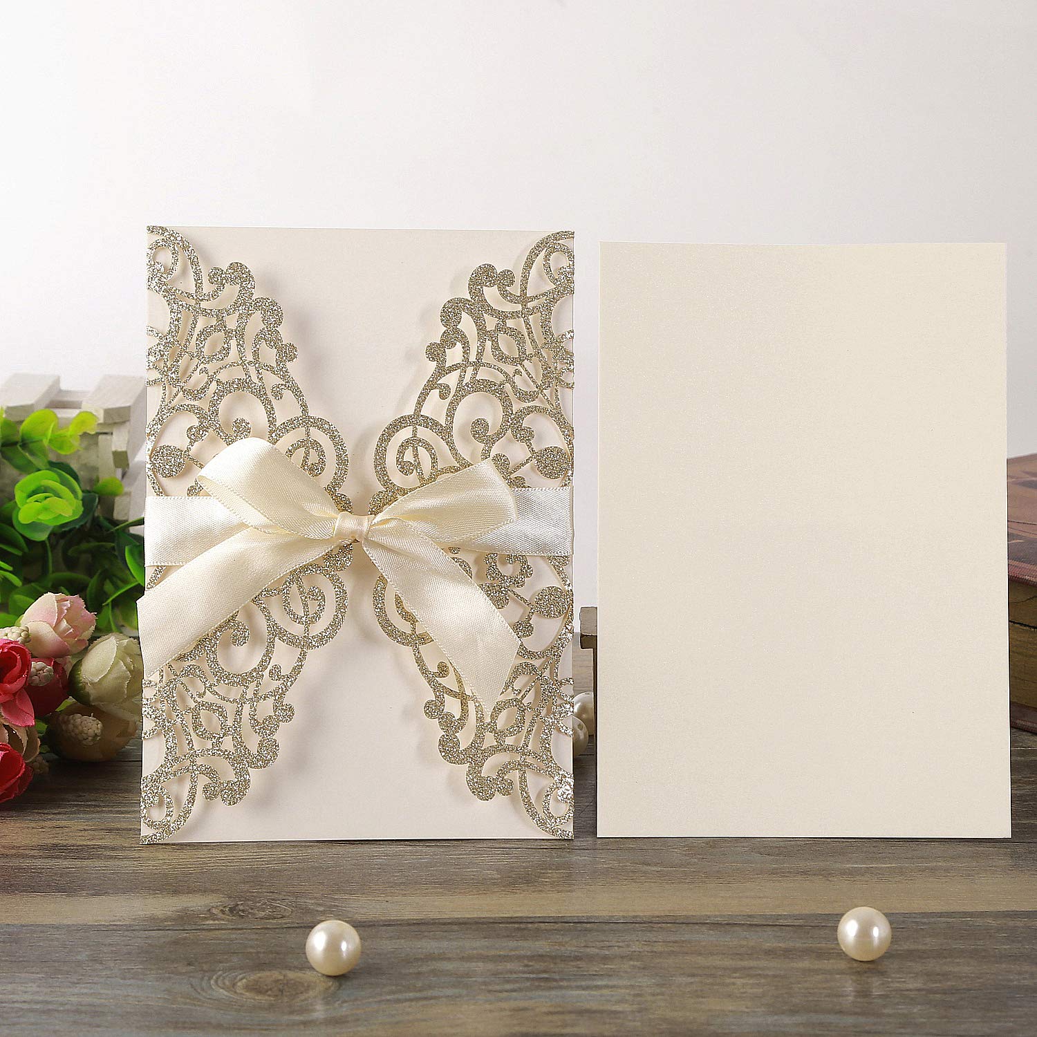 Hosmsua 20pcs taglio Laser inviti di nozze, Champagne inviti da matrimonio carta con Nastro Pizzo Flora Design per la festa di compleanno di festa di compleanno inviti di nozze (20pcs)