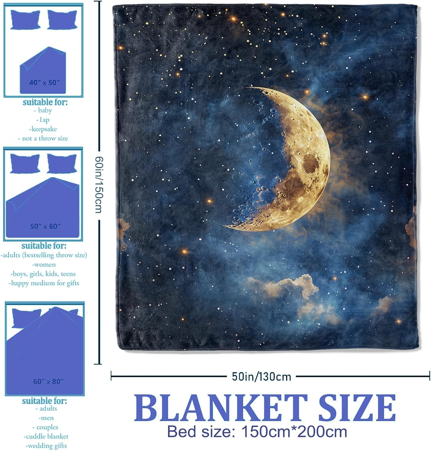 Celestial Moon Night Sky Blanket, Lightweight Soft Fleece Blankets Gifts for Women Girls Boys Adults, Throw for Living Room, Couch, Home, Sofa Decor, 50"x60"