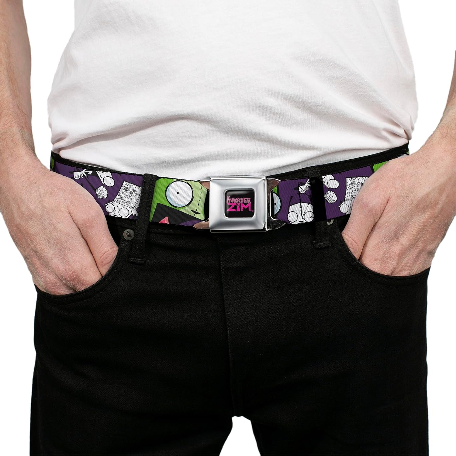 Nickelodeon Belt, Seatbelt Buckle Belt, Invader Zim GIR Poses and Sketch Purple, Adjustable