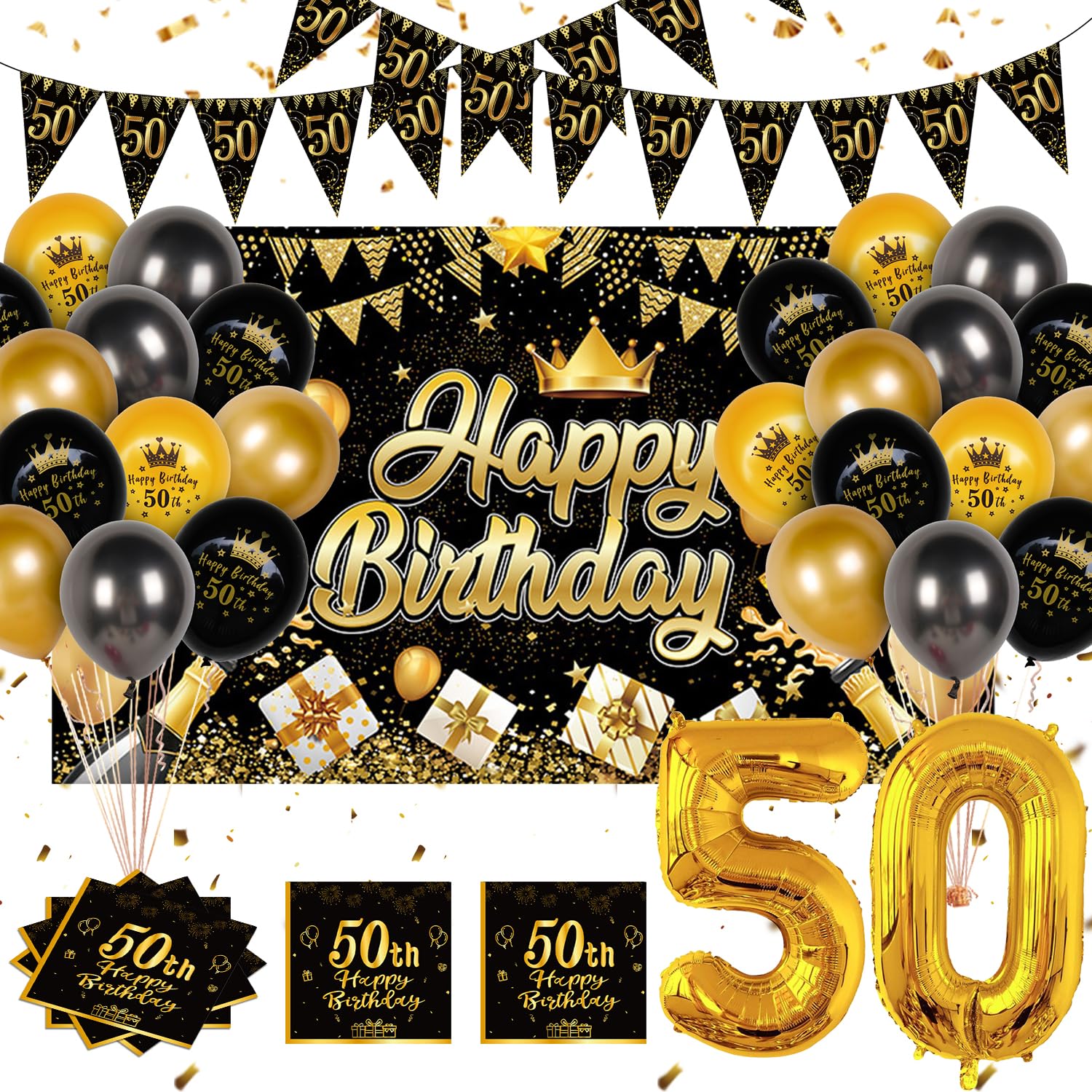 Fizdoqg 50 Geburtstag Männer Frauen Deko, 50 Geburtstag Deko Schwarz Gold | 180 * 110cm Groß Größe Hintergrund Banner mit Luftballon Servietten für Geschenke, Geburtstagsparty Dekoration