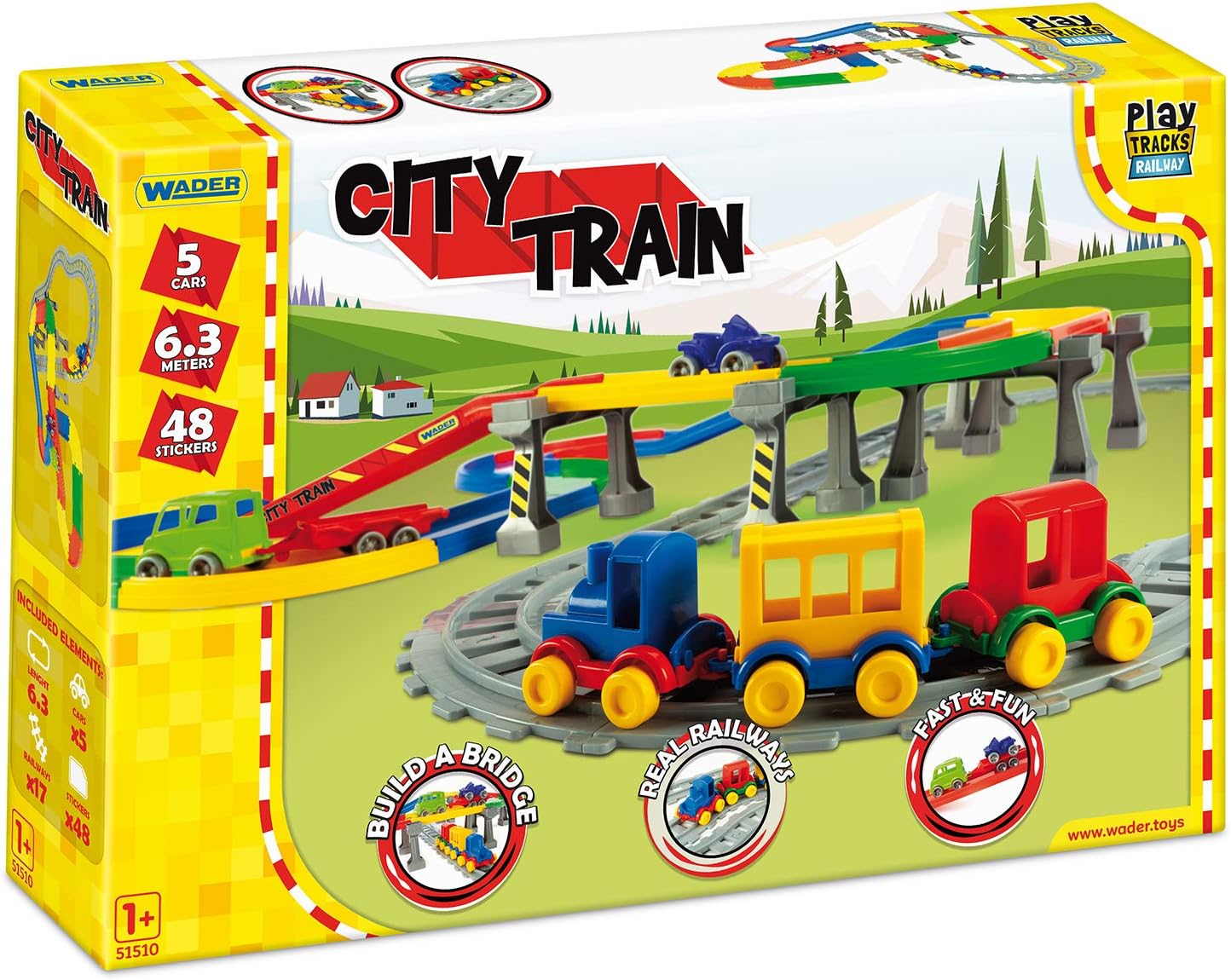 Wader 51510 Tracks Railway Town, Set of Rails and Road with Approx. 6.3m Length, Includes 5 Vehicles and 48 Stickers, from 12 Months, Ideal as a Gift for Imaginative Play, Colourful