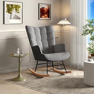 Rocking-Chair, Silla mecedora, Sillón de lactancia en tejido Teddy Beige, respaldo tapizado, patas de madera maciza, para salón, dormitorio o balcón (gris oscuro)