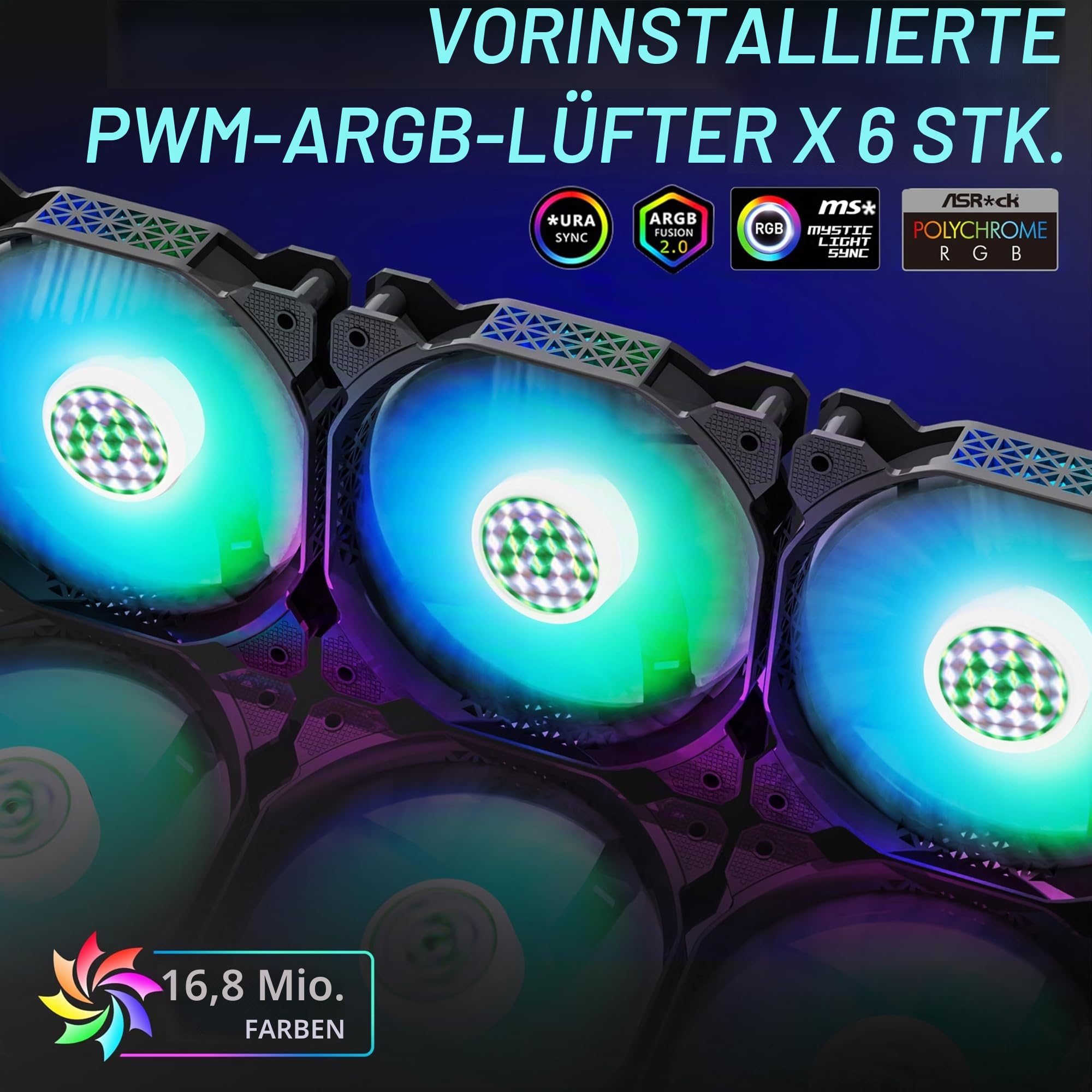 MUSETEX ATX PC Gehäuse Pre-Install 6 PWM ARGB Lüfter, Polygonal Mesh Computer Gaming Gehäuse, Öffnung gehärtetes Glas Seitenwand Mid-Tower Gehäuse, USB 3.0 x 2, Schwarz, NN8