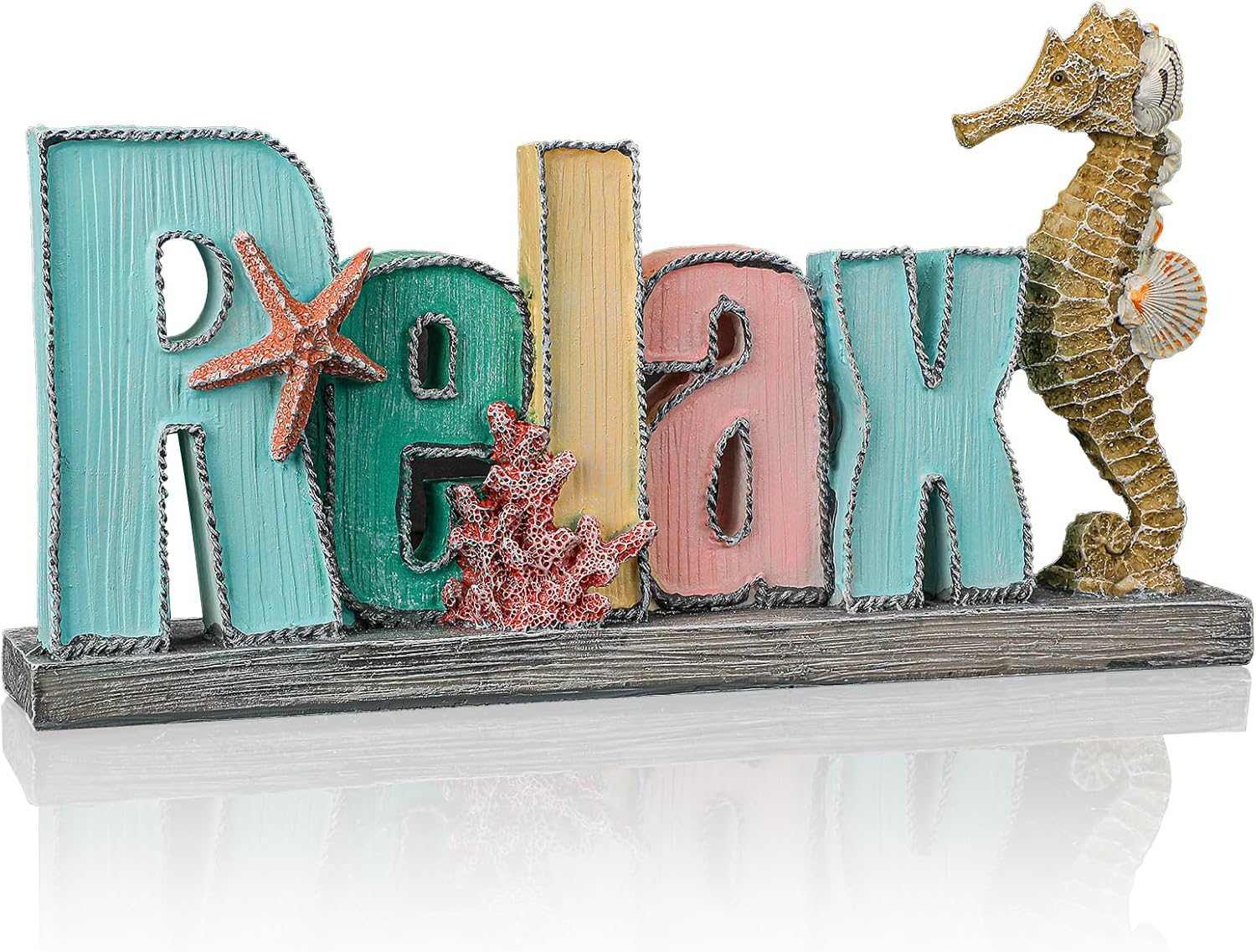 Beach Decorations for Home – Ocean Relax Sign with Sea Star Seahorse Beach Theme Home Decor for Bathroom Living Room, Office Desk