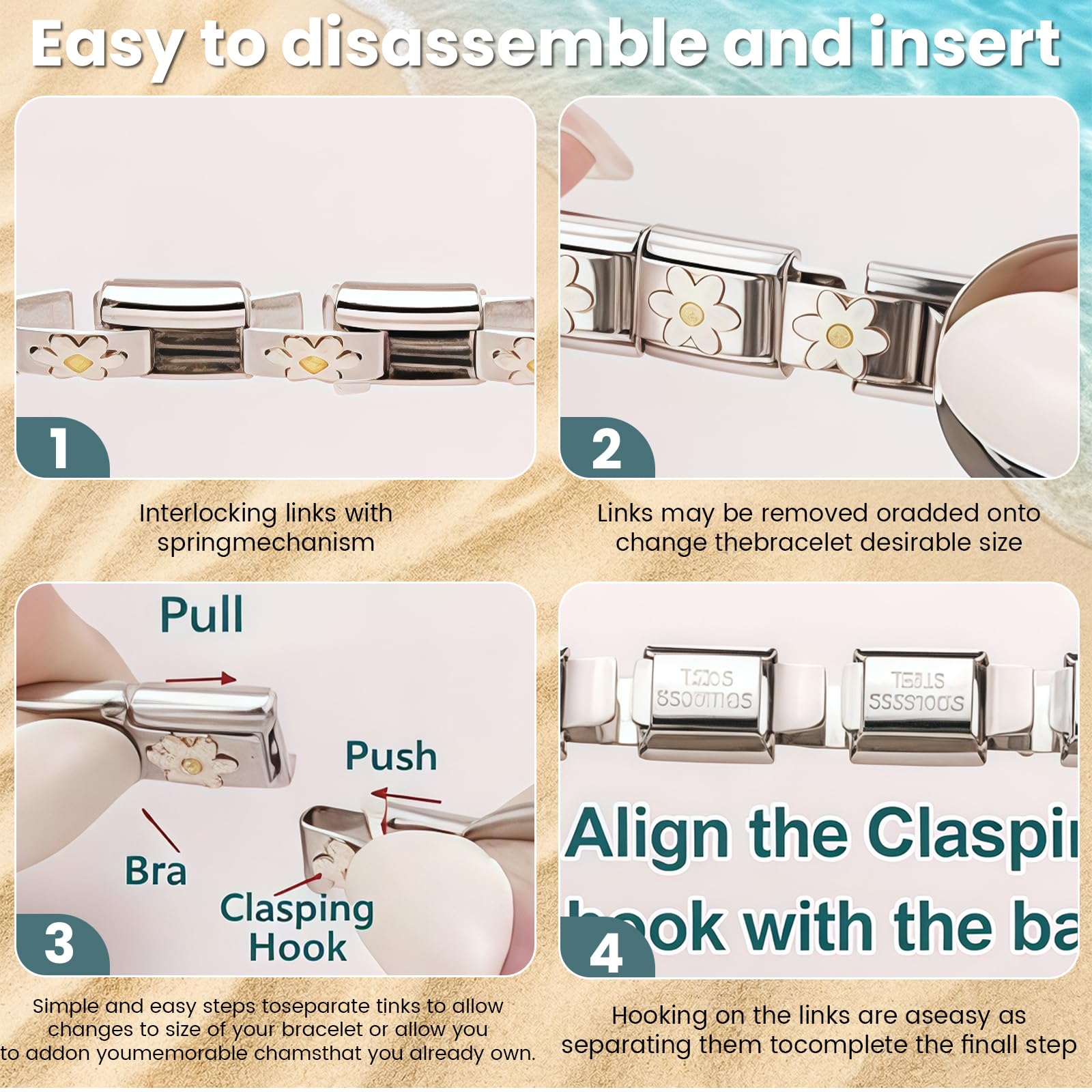 Pulsera Italiana de Encantos Conjunto de Brazalete Dorado con 1 Pulsera Inicial, 10 Encantos Italianos Temáticos del Océano con Herramienta de Apertura, 9 mm Encantos Italianos Modulares,