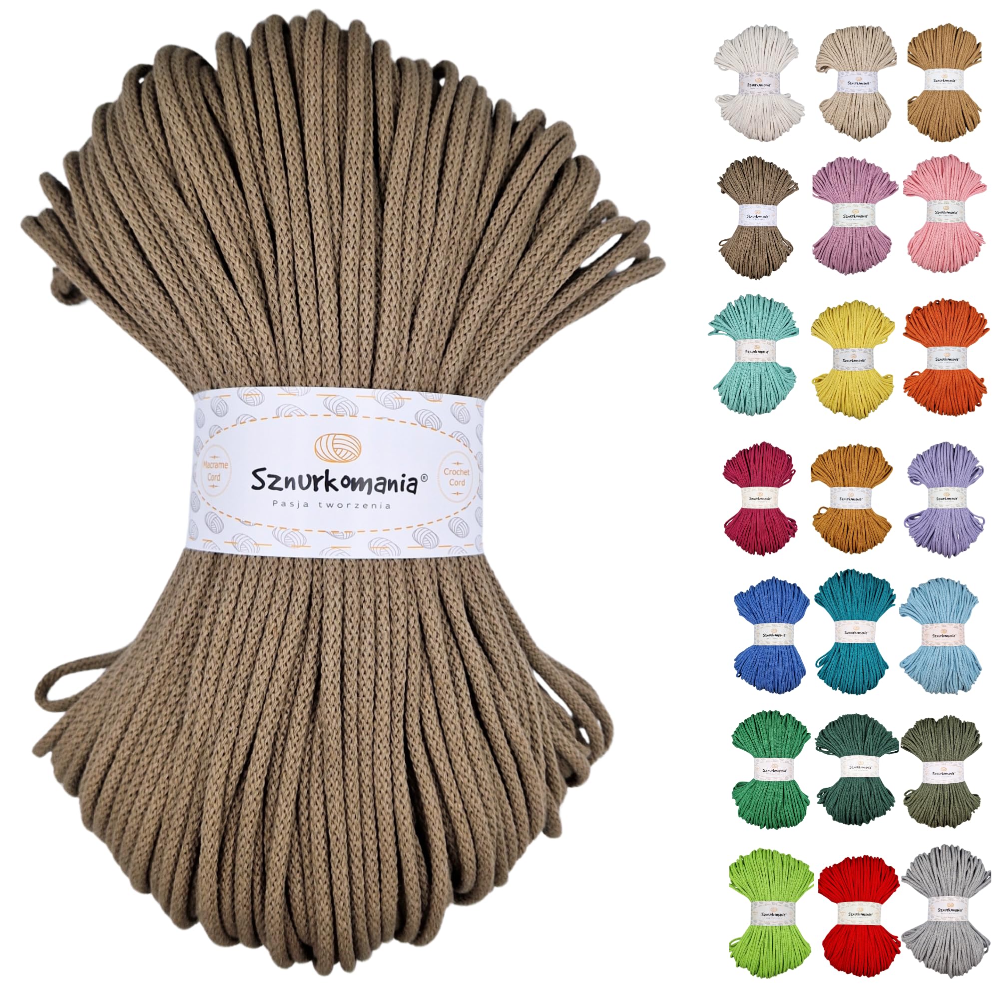 Braided Cotton Cord 5 mm 100 m, 46 Colours, Crochet Cord, Macrame Cord, Macrame Yarn, Premium Yarn, Macrame Rope, Sznurkomania (Mocha)