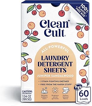 Cleancult Laundry Detergent Sheets - Resealable Box - 3 Stain Fighting Enzymes - Juniper Sandalwood - 60 Loads - Free of Harsh Chemicals - No Mess - No Plastic Waste