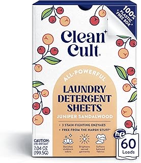 Cleancult Laundry Detergent Sheets - Resealable Box - 3 Stain Fighting Enzymes - Juniper Sandalwood - 60 Loads - Free of H...