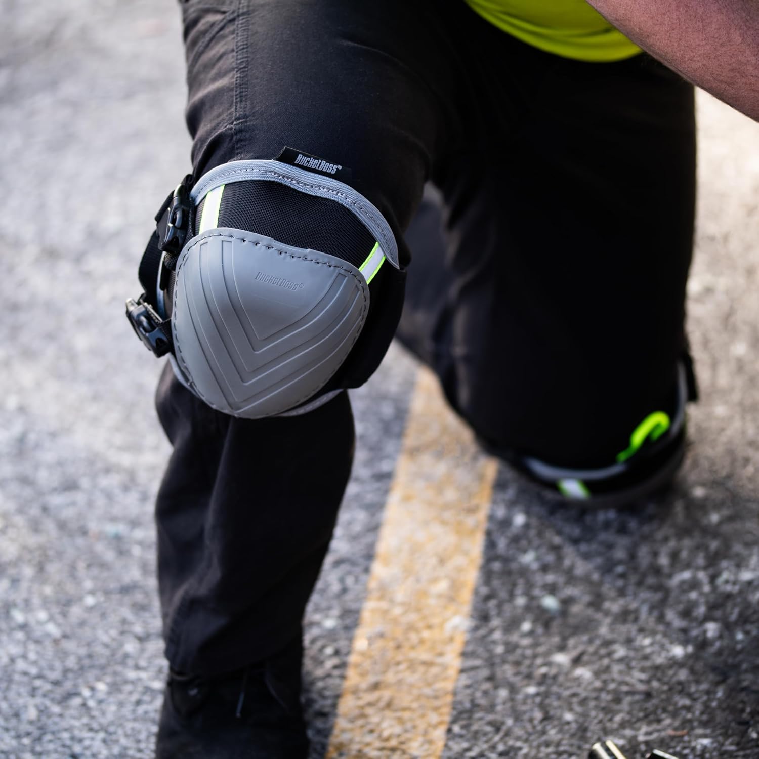 Bucket Boss Molded Non-Mar Knee Pads, Certified High-Visibility Markings for Safety, Breathable Mesh Lining, Elastic Top Strap for Comfort, Web Bottom Strap Buckle Closure, in Grey, FX2