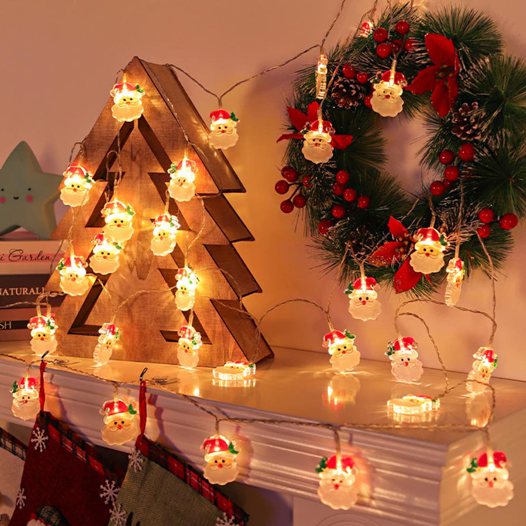 TOLOYE Luci di Natale Decorative, 20 LED Luci Natalizie a Stringa con Pupazzo di Neve, Babbo Natale e Motivi di Calza, Impermeabili, Telecomando/USB Alimentato, Luci Fatate per Decorazioni Natalizie