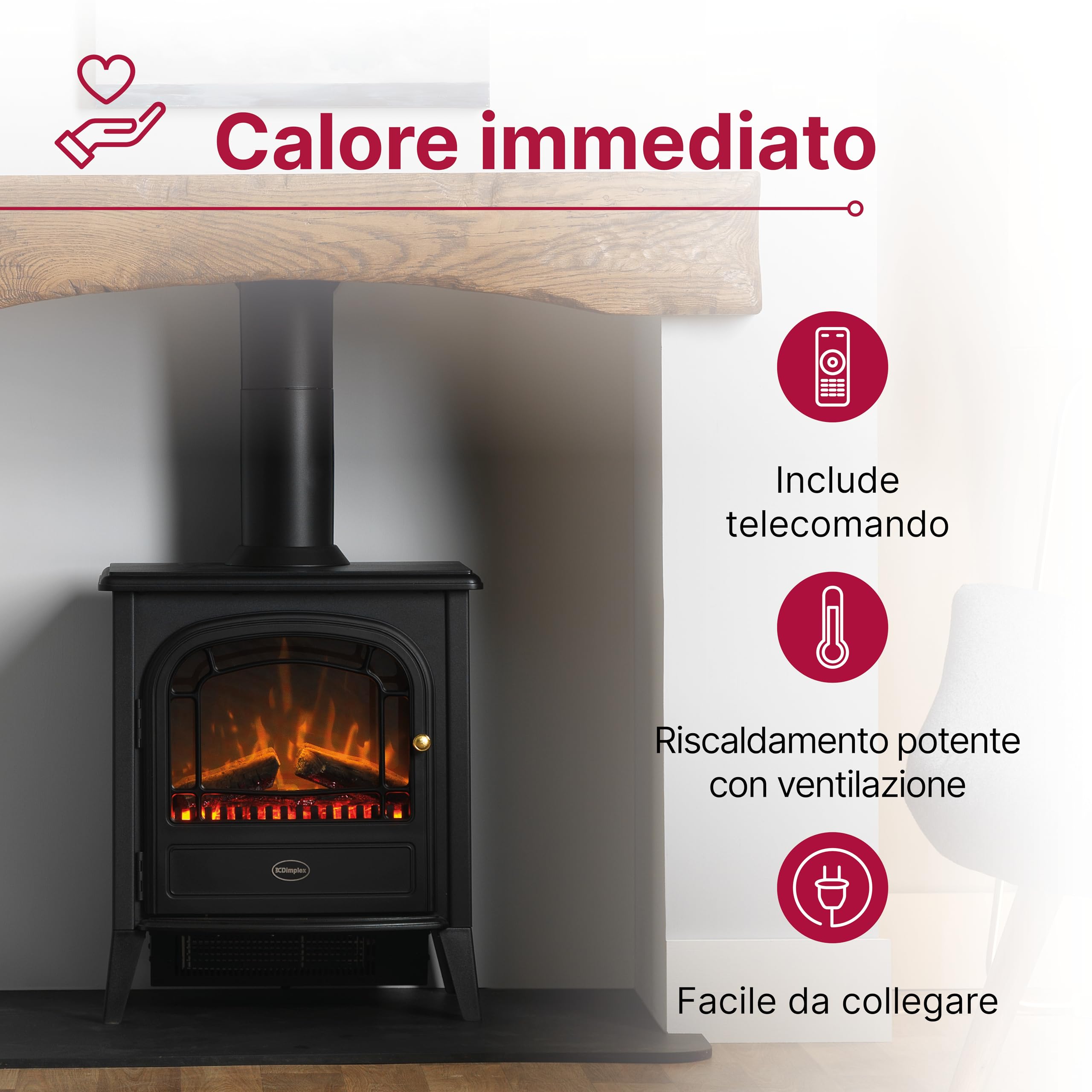 Dimplex Club Caminetto Elettrico Camino Elettrico da Terra con Letto di Ceppi Ardenti e Effetto Fiamma LED Optiflame Camino Finto con Ventilatore Riscaldante da 2 kW Incluso Telecomando