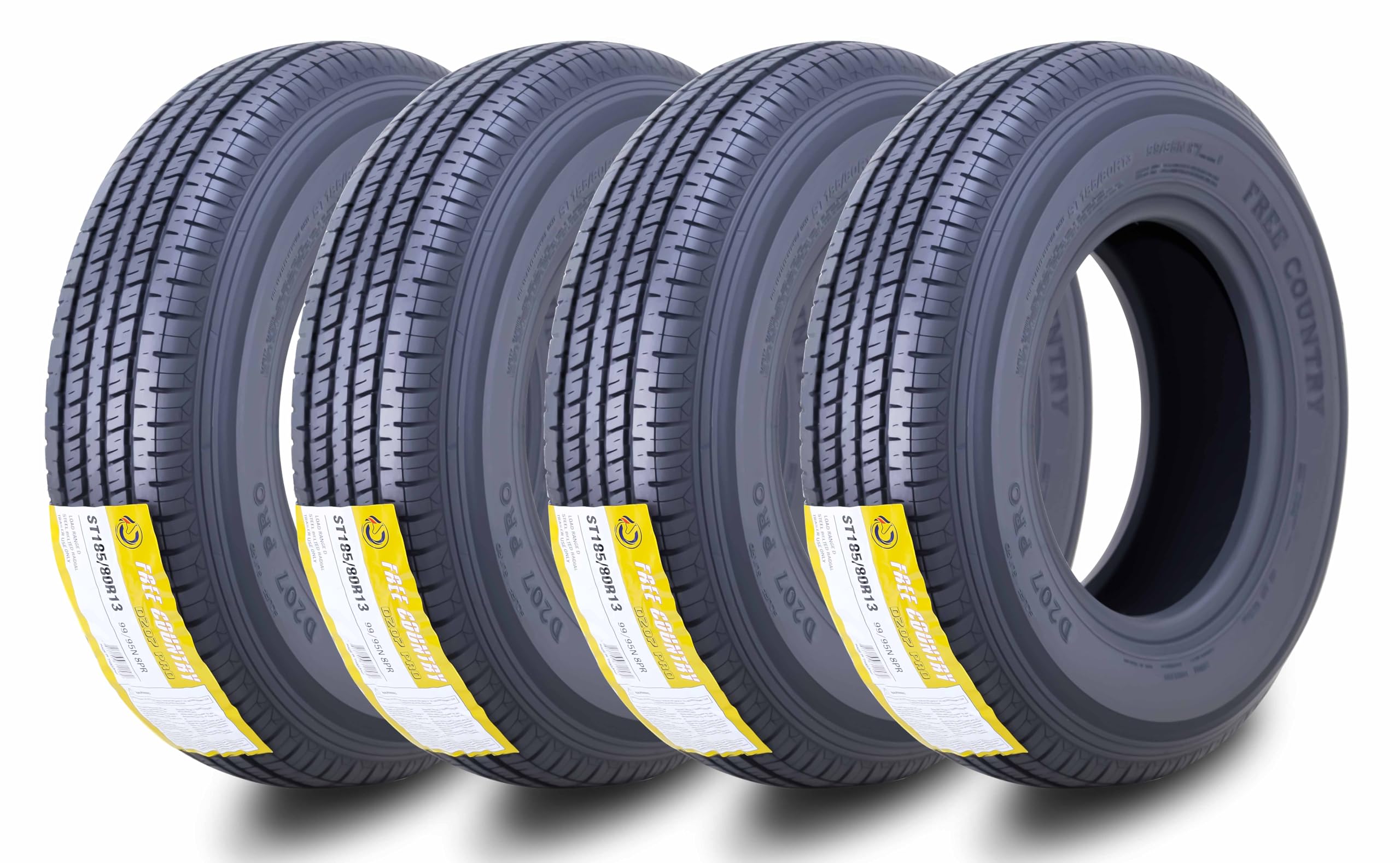 Free Country Grand Ride Set 4 Trailer Tires ST185/80R13 8 Ply/Load Range D Steel Belted Radial w/Featured Scuff Guard 11135