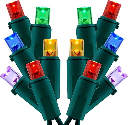 Luces de Navidad multicolor gran angular, paquete de 2 juegos de 25 pies 100 LED de cable verde de 0.197 in con certificación UL de grado comercial