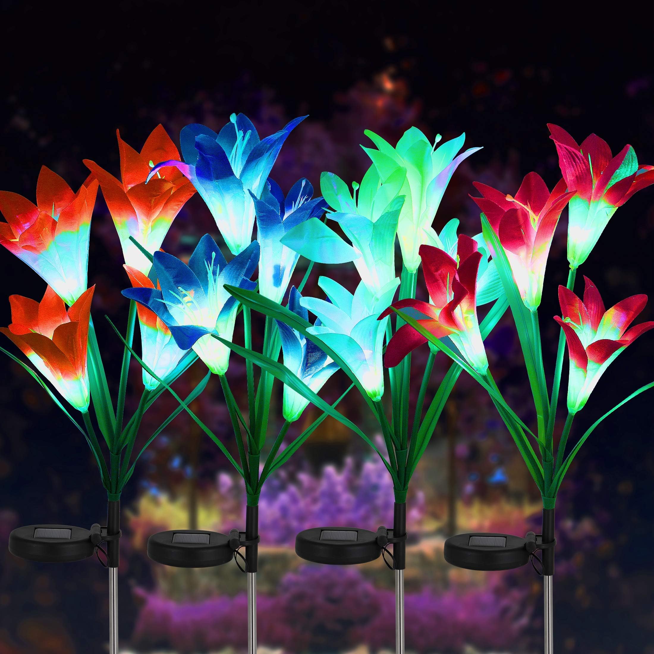 FORUP 4 Pack Solar Garden Stake Flower Lights, Outdoor Lily Flower Lights with 16 Lily Flowers, Multi Color Changing LED Lily Solar Powered Lights for Patio, Lawn, Garden, Yard Decoration