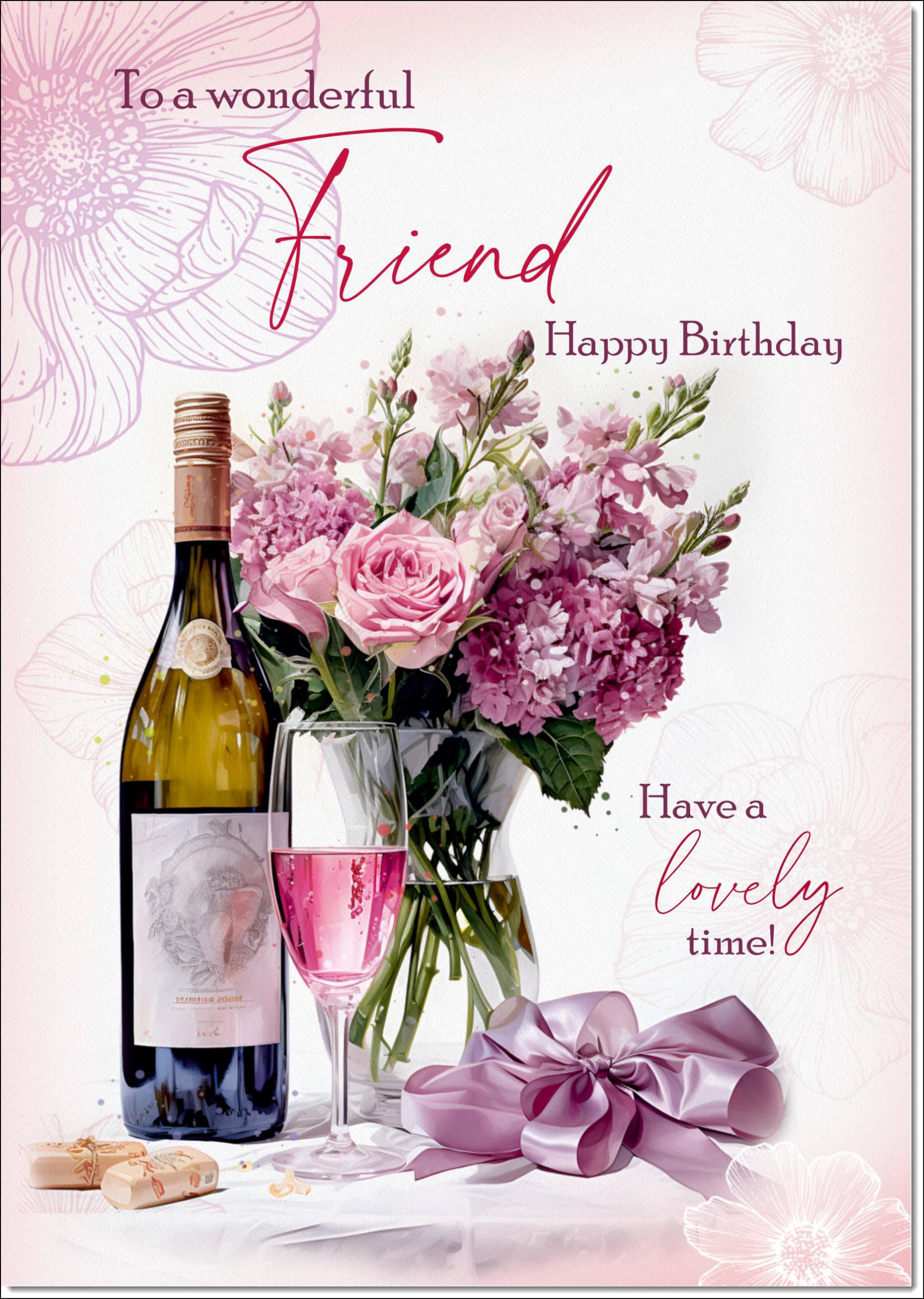 doodlecards Friend Female Birthday Card Roses and Red Wine Large A4 Size with Plain Envelope — image 1