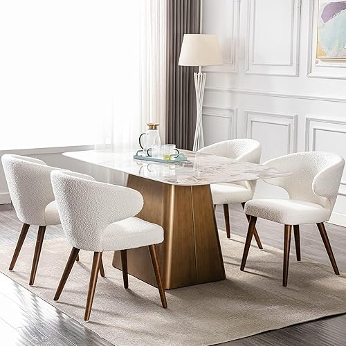 Miniatura 5 de HNY Mid Century Modern - Juego de 6 sillas de comedor Sherpa Boucle, sillas de acento tapizadas con respaldo curvado tipo ala y reposabrazos, sillas