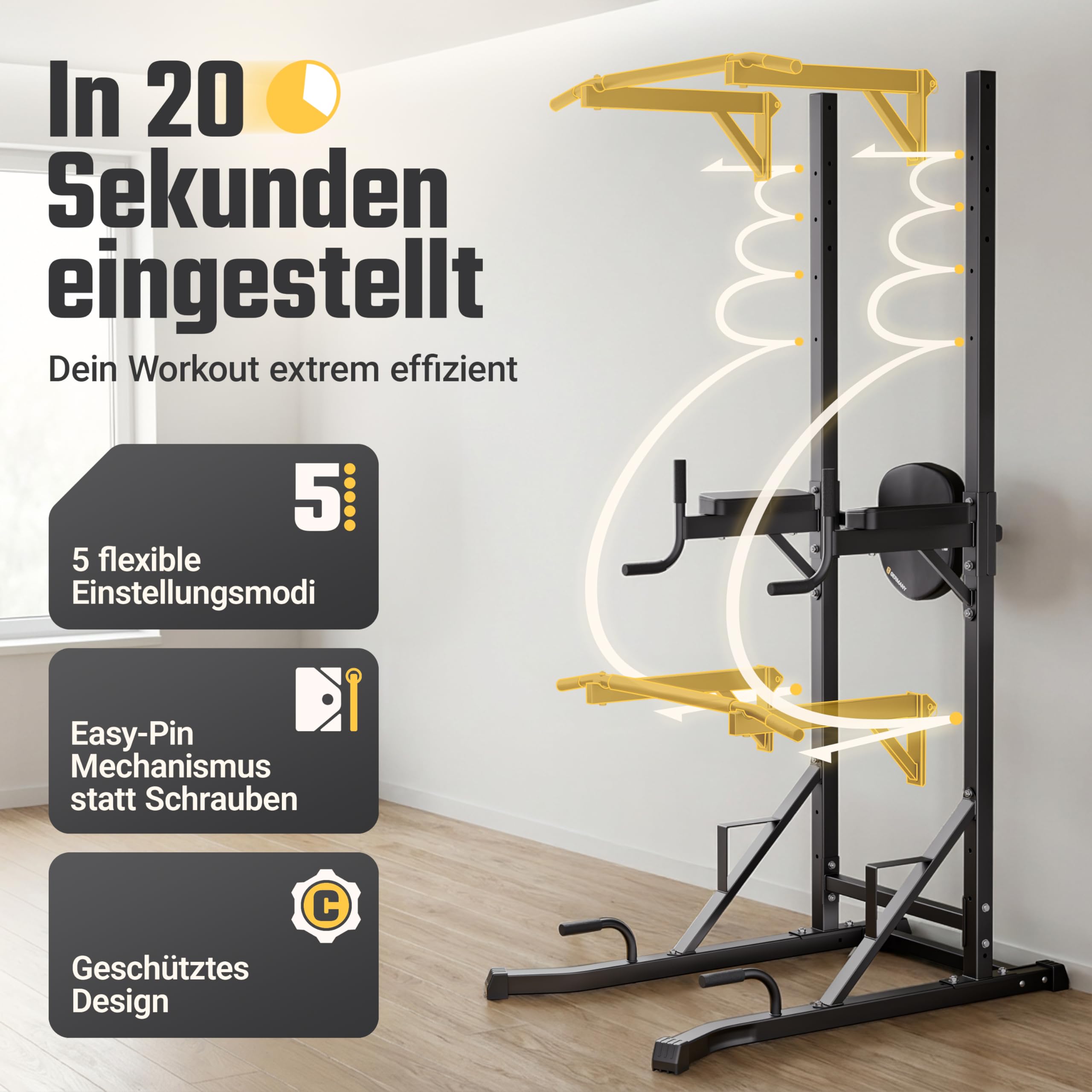 HQ Germany® Power Tower [2026 Upgrade] - Klimmzugstange freistehend mit Klimmzug Dip Station, Klimmzugturm, Klimmzugstation, Pull Up Station, Calisthenics Equipment, Fitnessgeräte für Zuhause