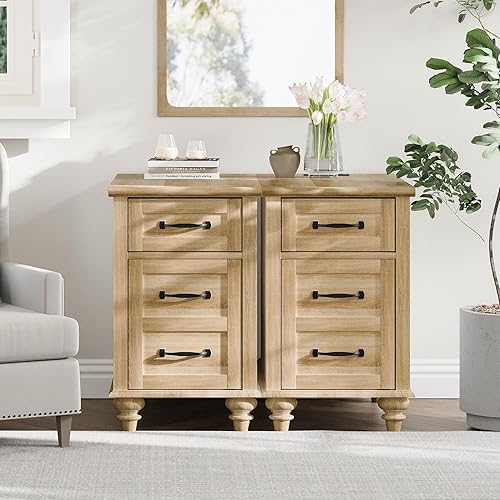 Miniatura 4 de WAMPAT Juego de 2 mesas auxiliares con estación de carga, mesas auxiliares de madera clara con cajón para sala de estar, mesita de noche estrecha