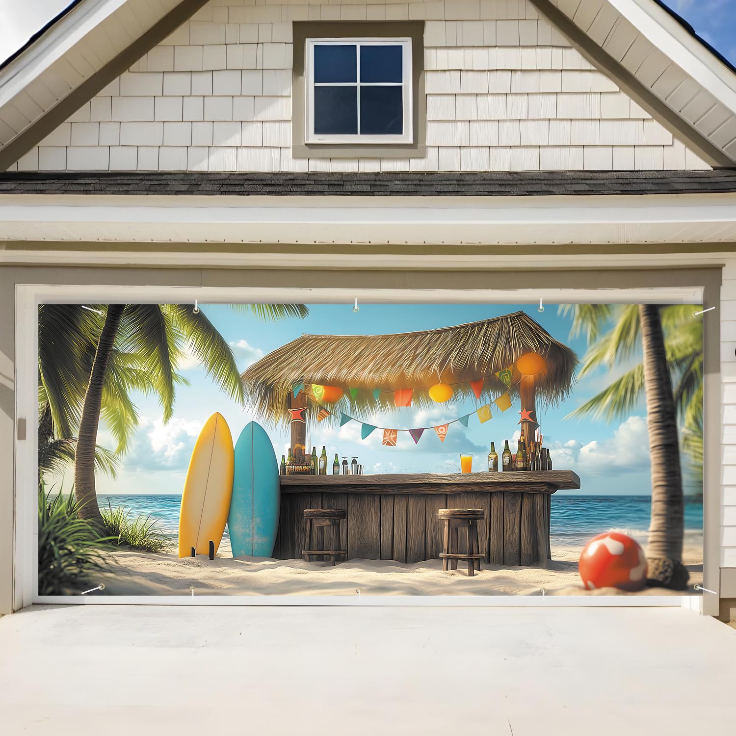Tiki Bar Garage Door Banner 7x16FT, Tropical Beach Surf Garage Door Cover with Surfboards Palm Trees Hut Bar, Large Outdoor Summer Parties Decoration for Garage Doors, Fence, Patio & Luau Party