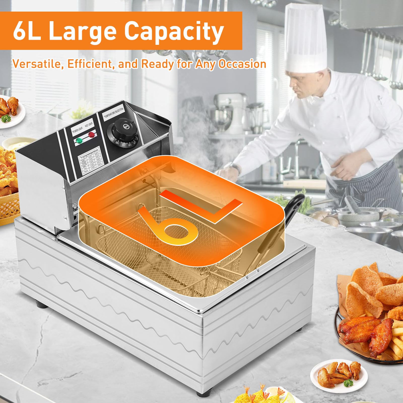 Freidora eléctrica – Freidora eléctrica de gran capacidad de 6 litros con cesta desmontable, control de temperatura ajustable, freidora comercial de acero inoxidable de 1600 W para restaurante y hogar 3