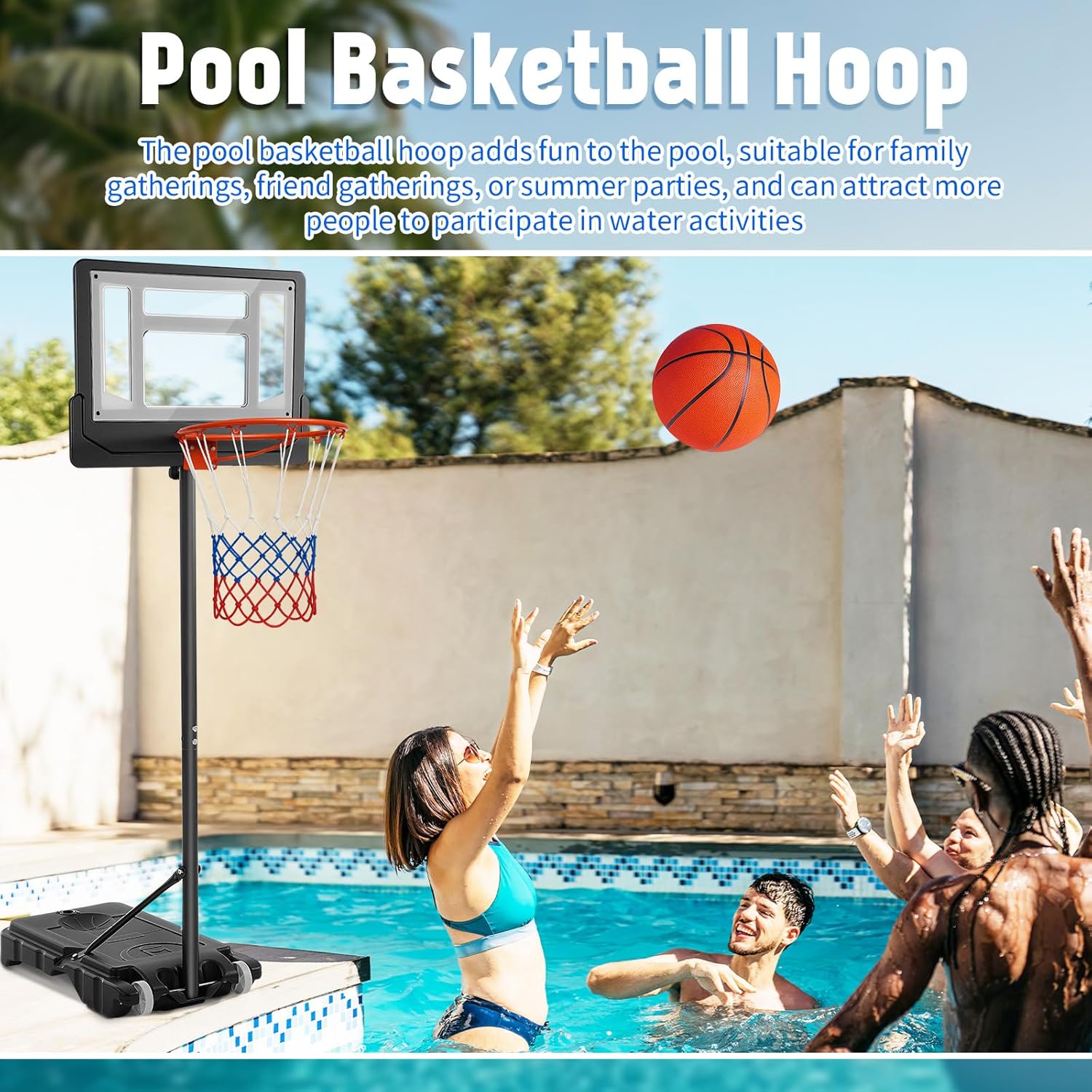 Soulchen Pool Basketball Hoop 30 in Backboard 4.9 to 6.7 ft Adjustable Height Poolside Basketball Hoop with Wheels Shatterproof Backboard and Rim for Indoor or Outdoor Swimming Pool Excluding Ball