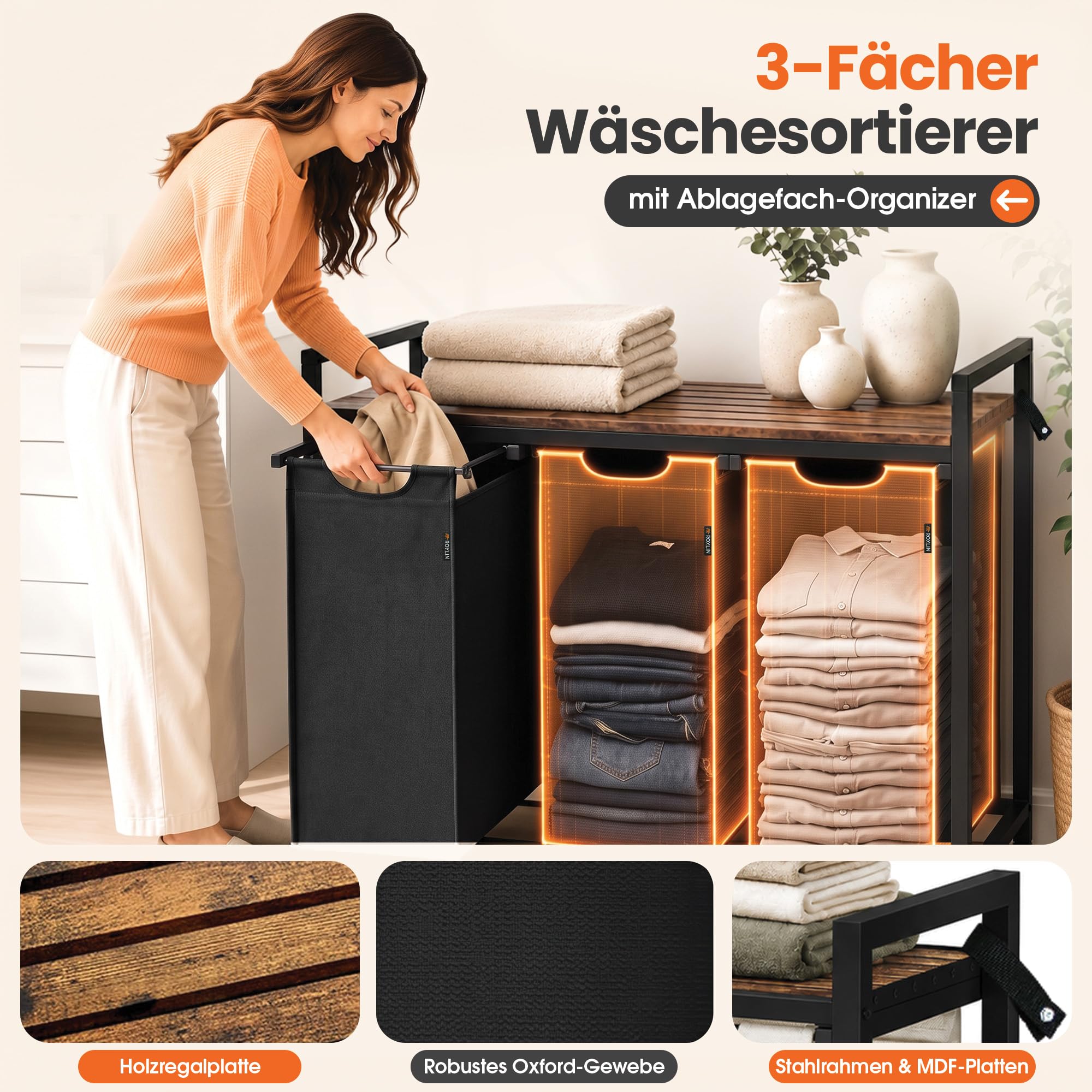 Wäschekorb mit 3 Fächern 120 L – Großer Wäschesortierer mit Ablage & Metallgestell – Schmutzwäschekorb Wäsche Organizer für Badezimmer, Schlafzimmer, Kinderzimmer & Waschküche - Schwarz