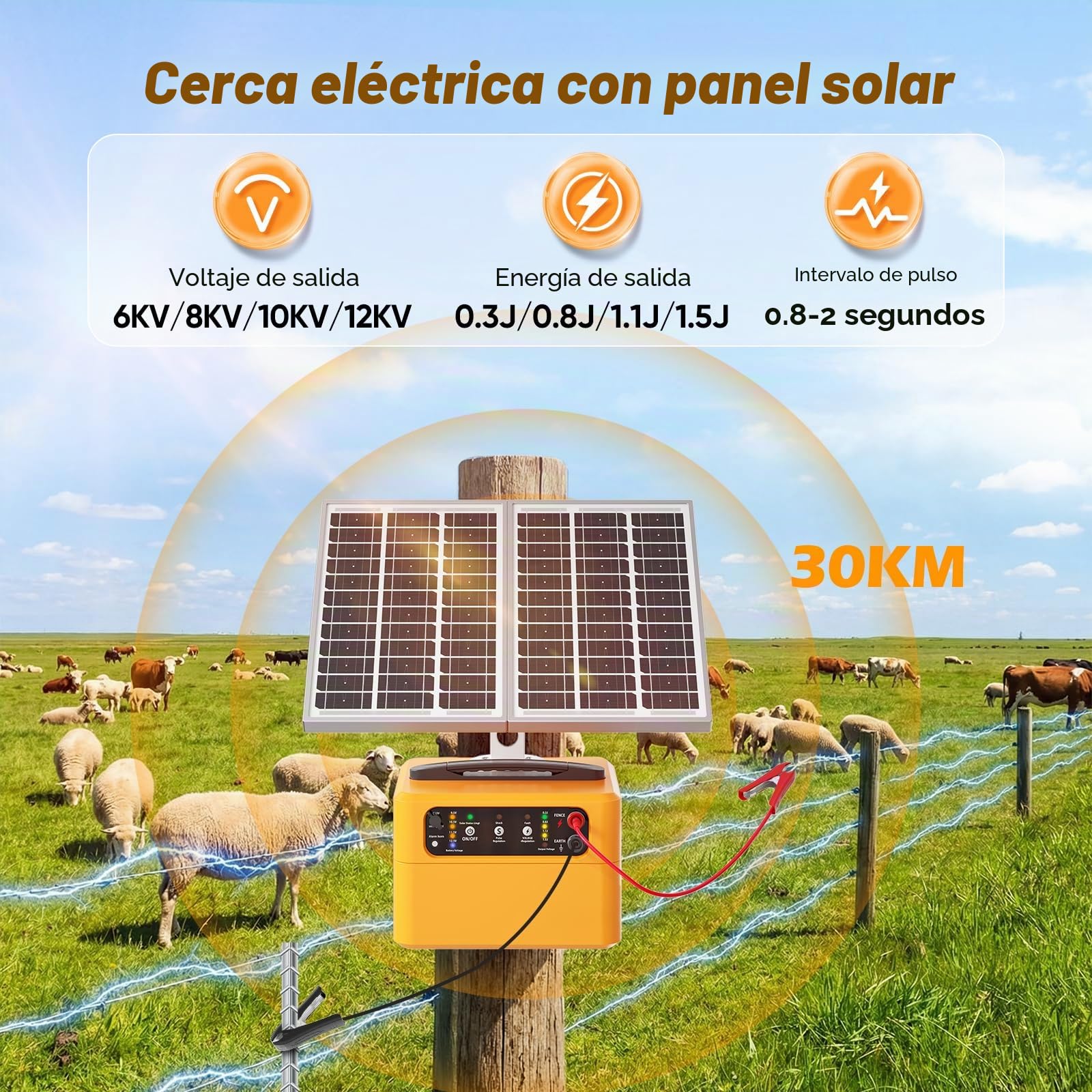 Cargador solar para cercas eléctricas de 30 km, kit de cerca eléctrica ajustable de 0,3 a 1,5 julios con panel solar de 15 W/batería de 7 Ah, con una salida de hasta 12 kV