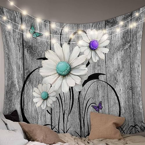 Miniatura 2 de Tapiz para colgar en la pared, tapices estéticos para dormitorio, margaritas moradas, color verde azulado, tablero de madera, tapiz de pared